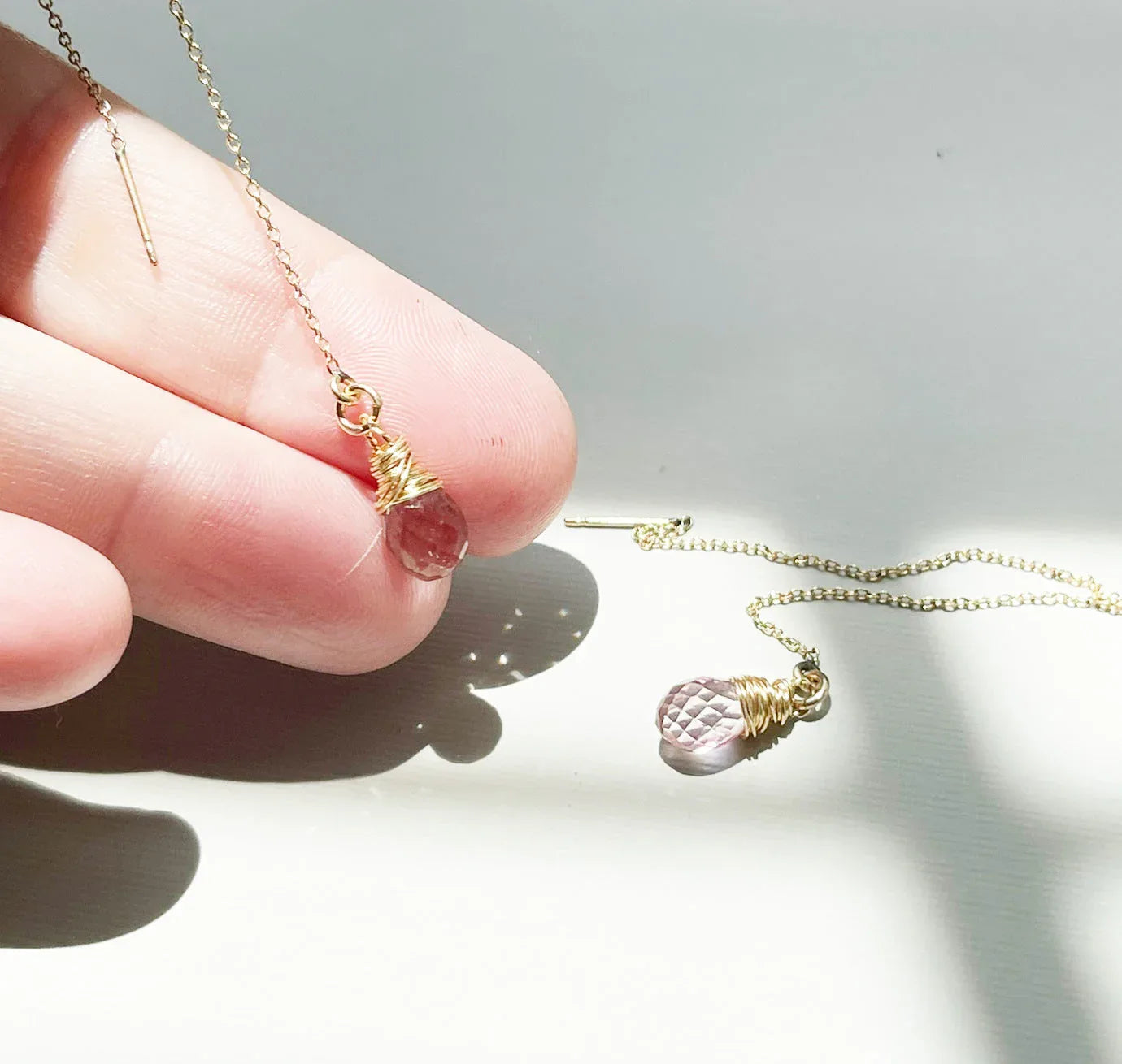 Morganite Threader Earrings – 14k Gold Filled Chain