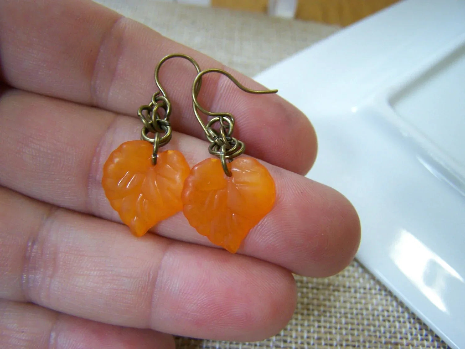 Orange Leaf Dangle Earrings – Acrylic Charms and Antiqued Brass, 1.5 Inch