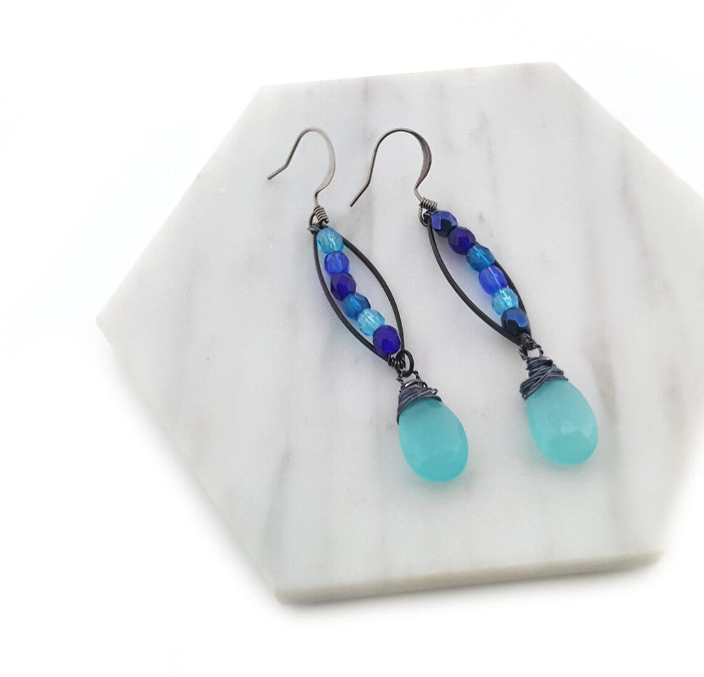 Blue Chalcedony & Czech Glass Dangle Earrings – Oxidized Sterling Silver