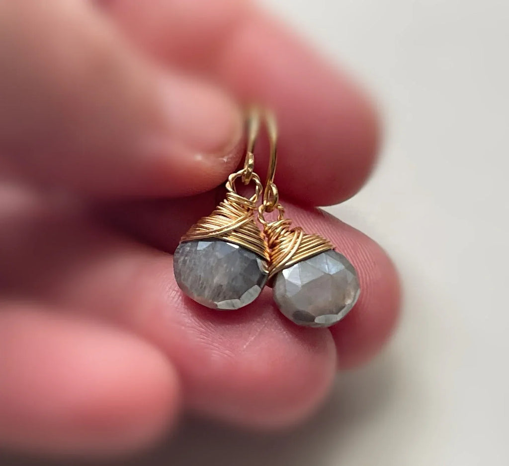 Gray Moonstone Briolette Earrings – Gold Filled Wire Wrapped, 1 Inch
