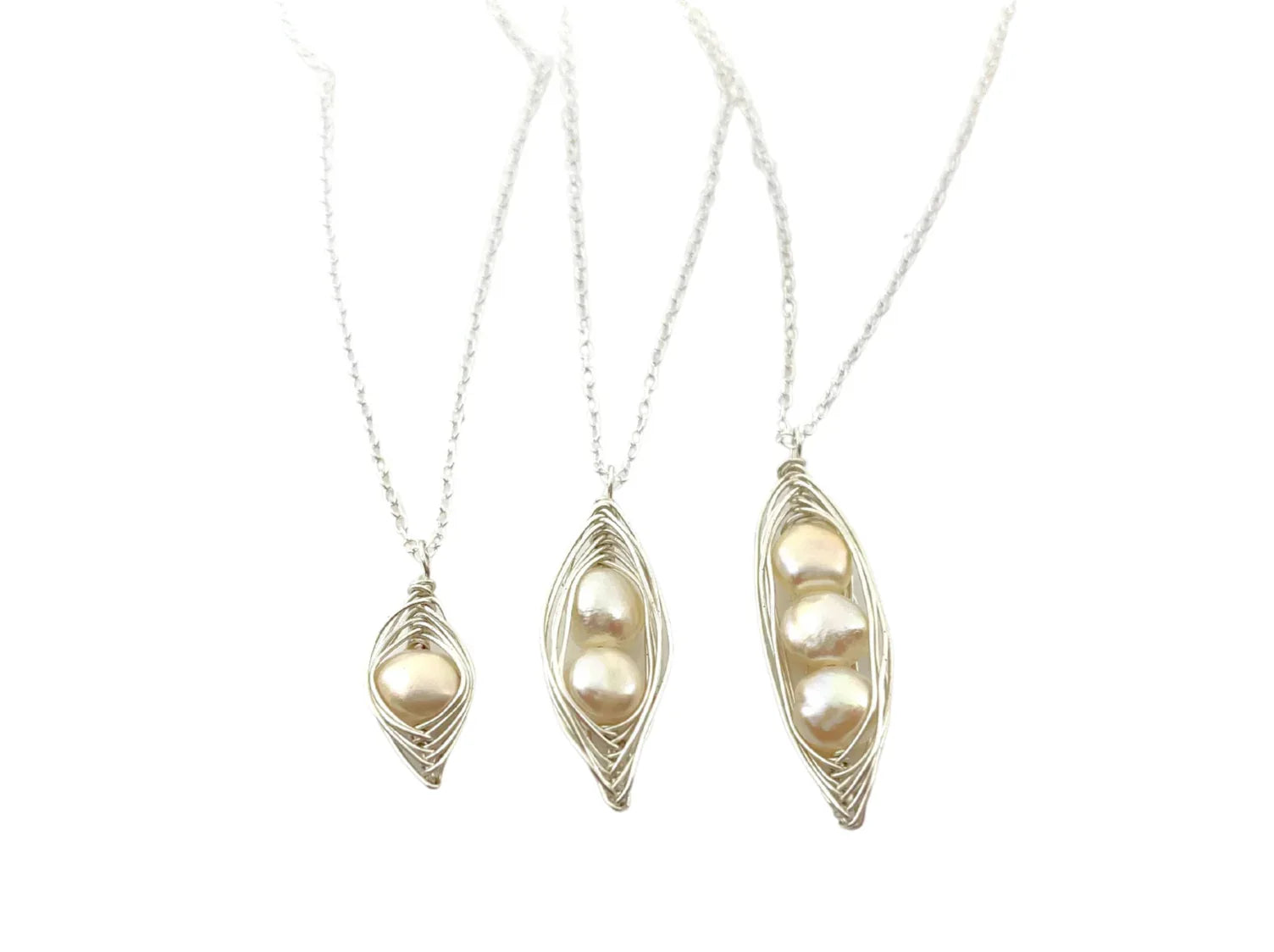 Peapod Necklace Freshwater Pearl Sterling Silver Wire Wrapped Jewelry