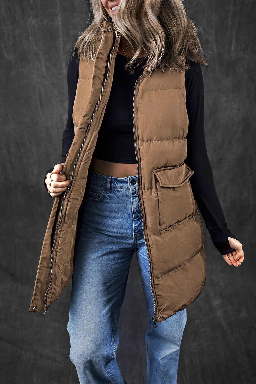 Solid Zip-Up Pocketed Puffer Vest Coffee