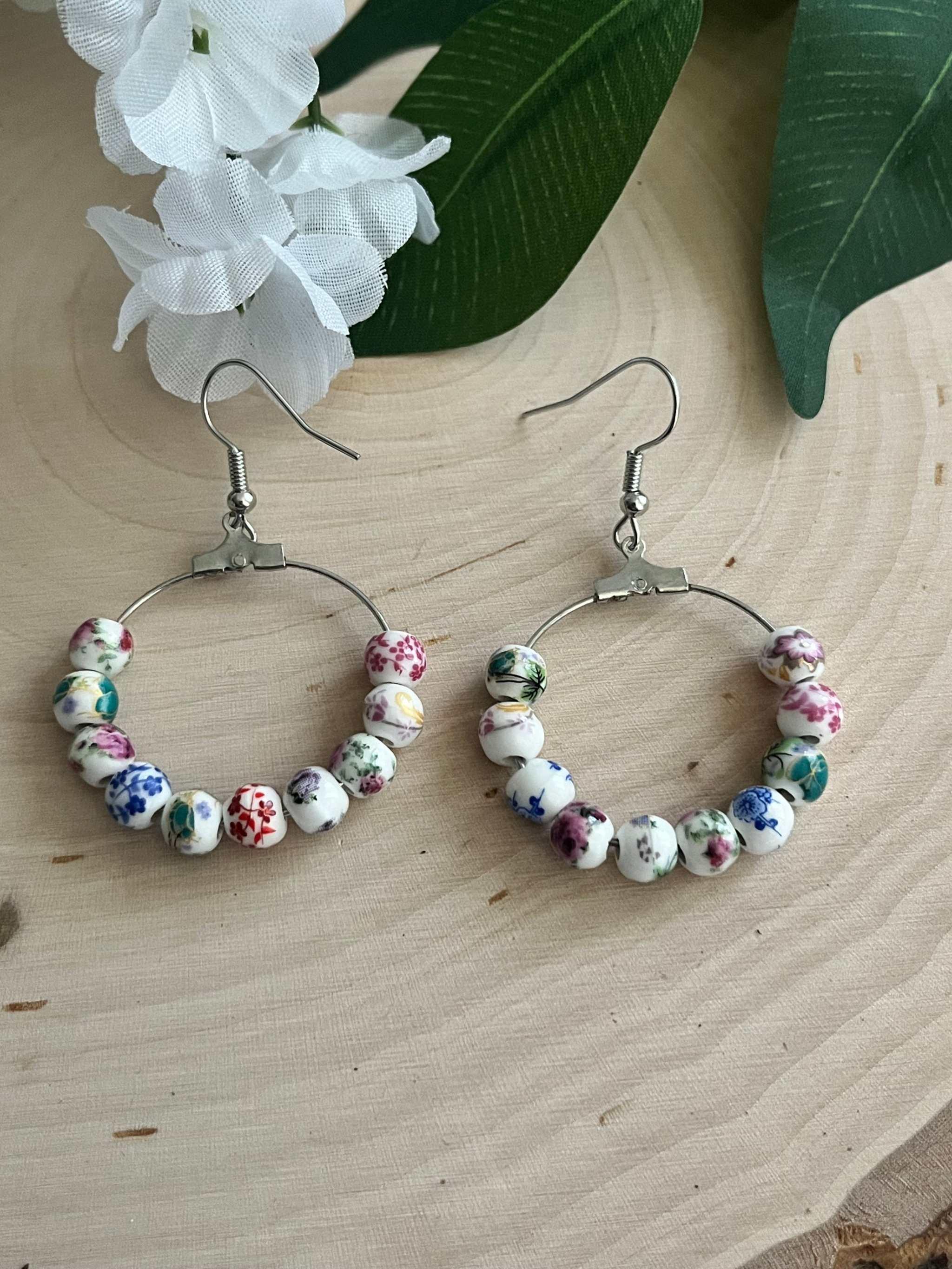 Floral Hoop Earrings – Multicolored Beaded Silver Jewelry
