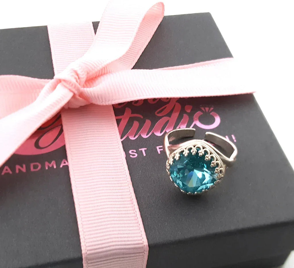 Sterling Silver Blue Topaz Swarovski Ring – Adjustable December Birthstone Statement Ring