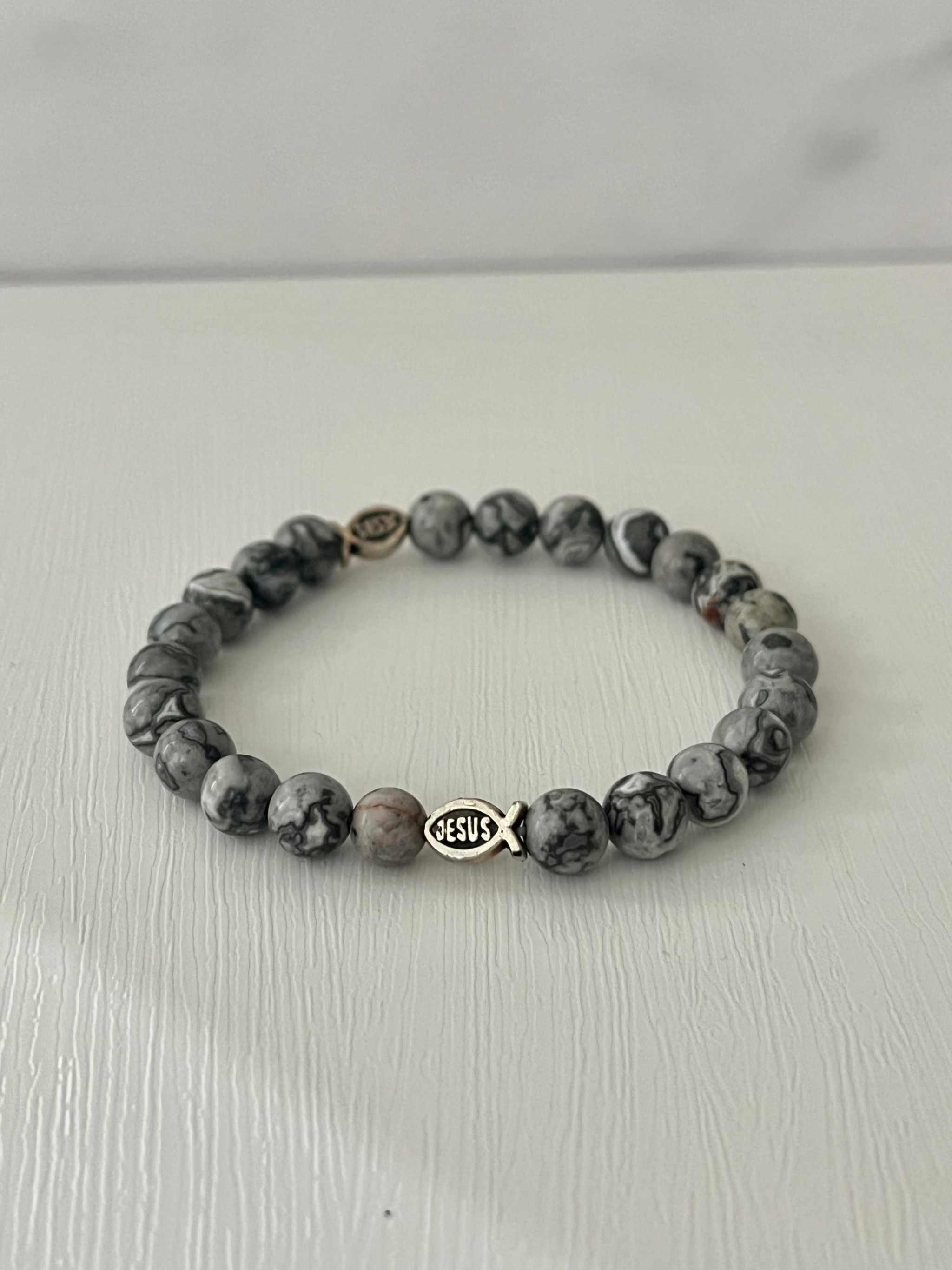 Gray Marble Jesus Fish Bead Bracelet - Unique Christian Jewelry