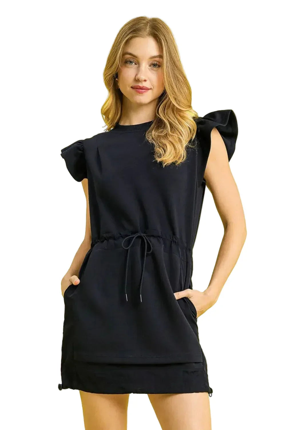 Luxe Knit Ruffle Sleeve Drawstring Mini Dress Dark Navy