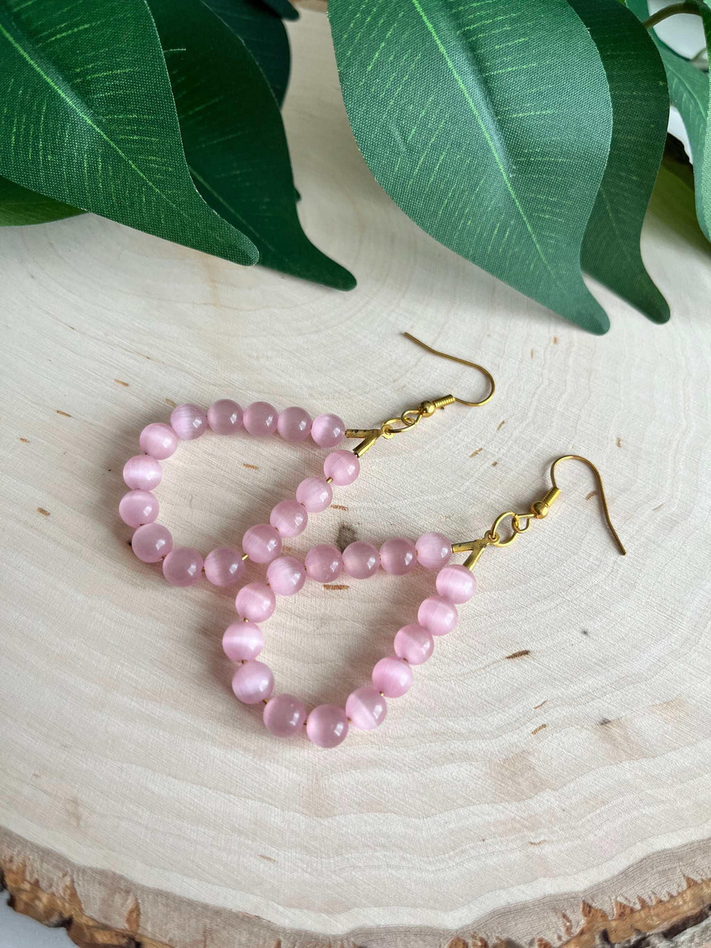 Pink Cat Eye Gold Drop Earrings – Elegant Opal Shimmer