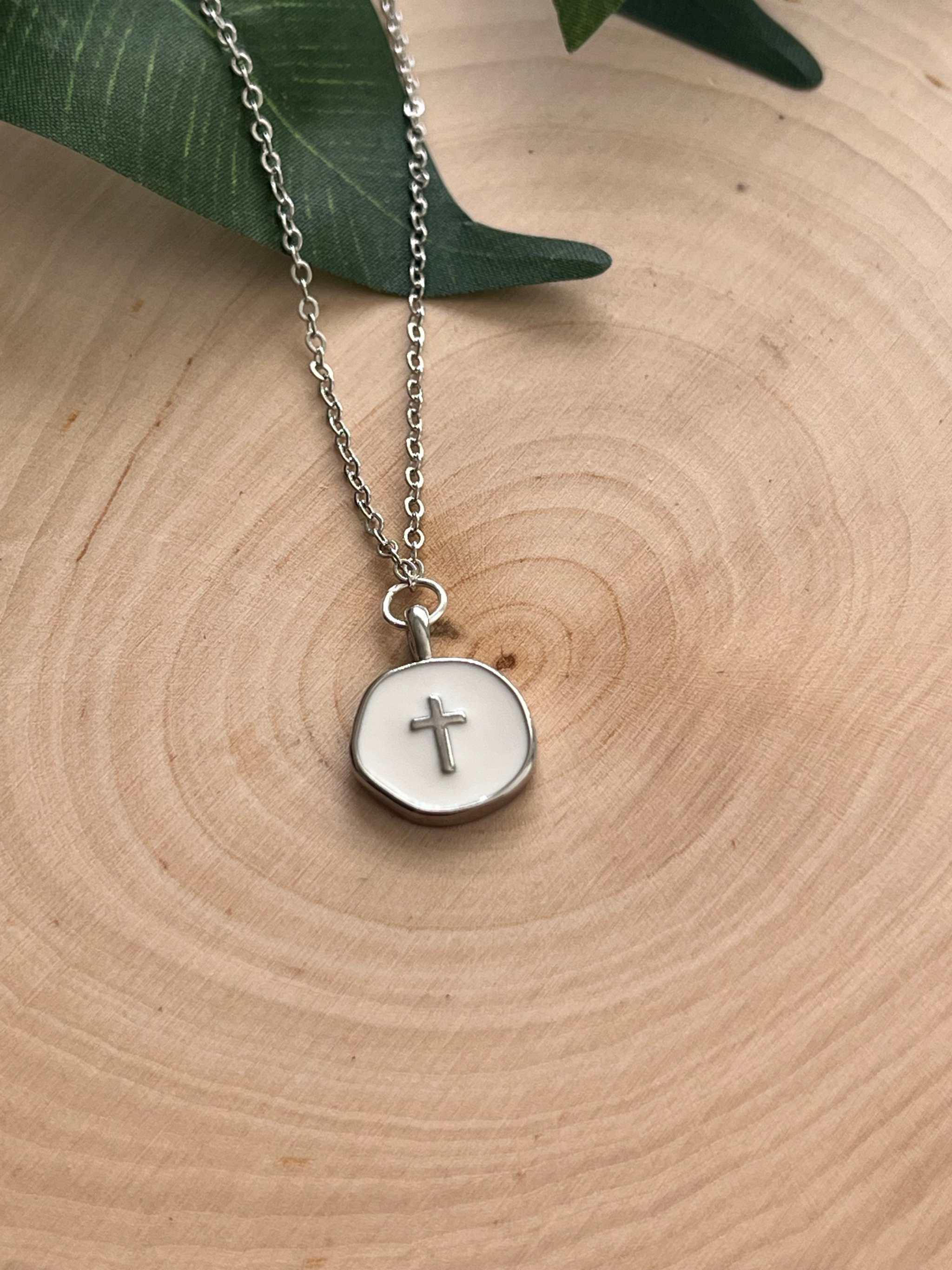 Silver Necklace White Cross Pendant - Elegant 18" Hypoallergenic Design