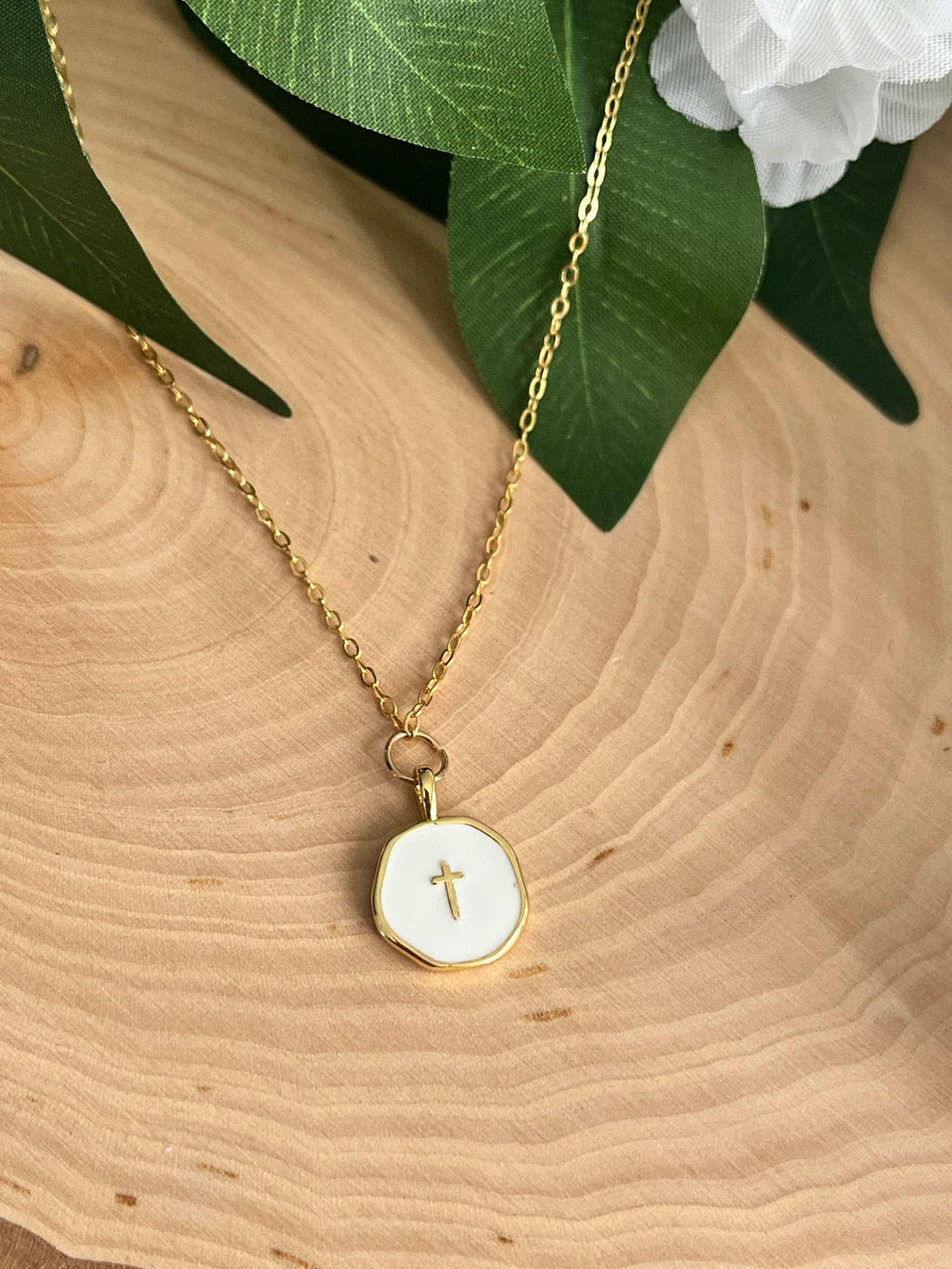 Gold Necklace 18K White Cross Pendant