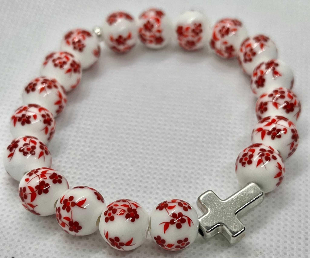 Cross Bead Bracelet Collection - Faith-Inspired Jewelry Red floral