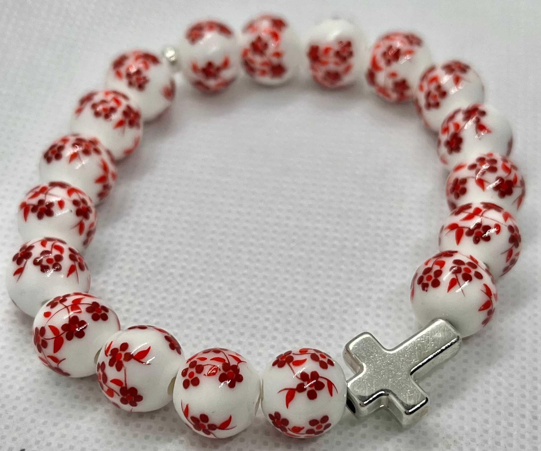 Cross Bead Bracelet Collection - Faith-Inspired Jewelry Red floral