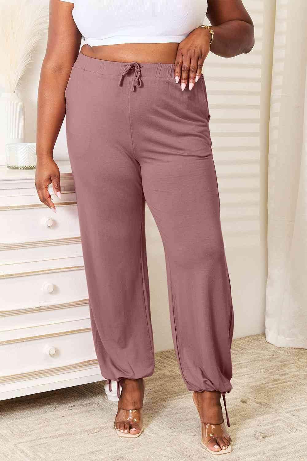 Basic Bae Full Size Soft Rayon Drawstring Women Waist Pants with Pockets Light Mauve