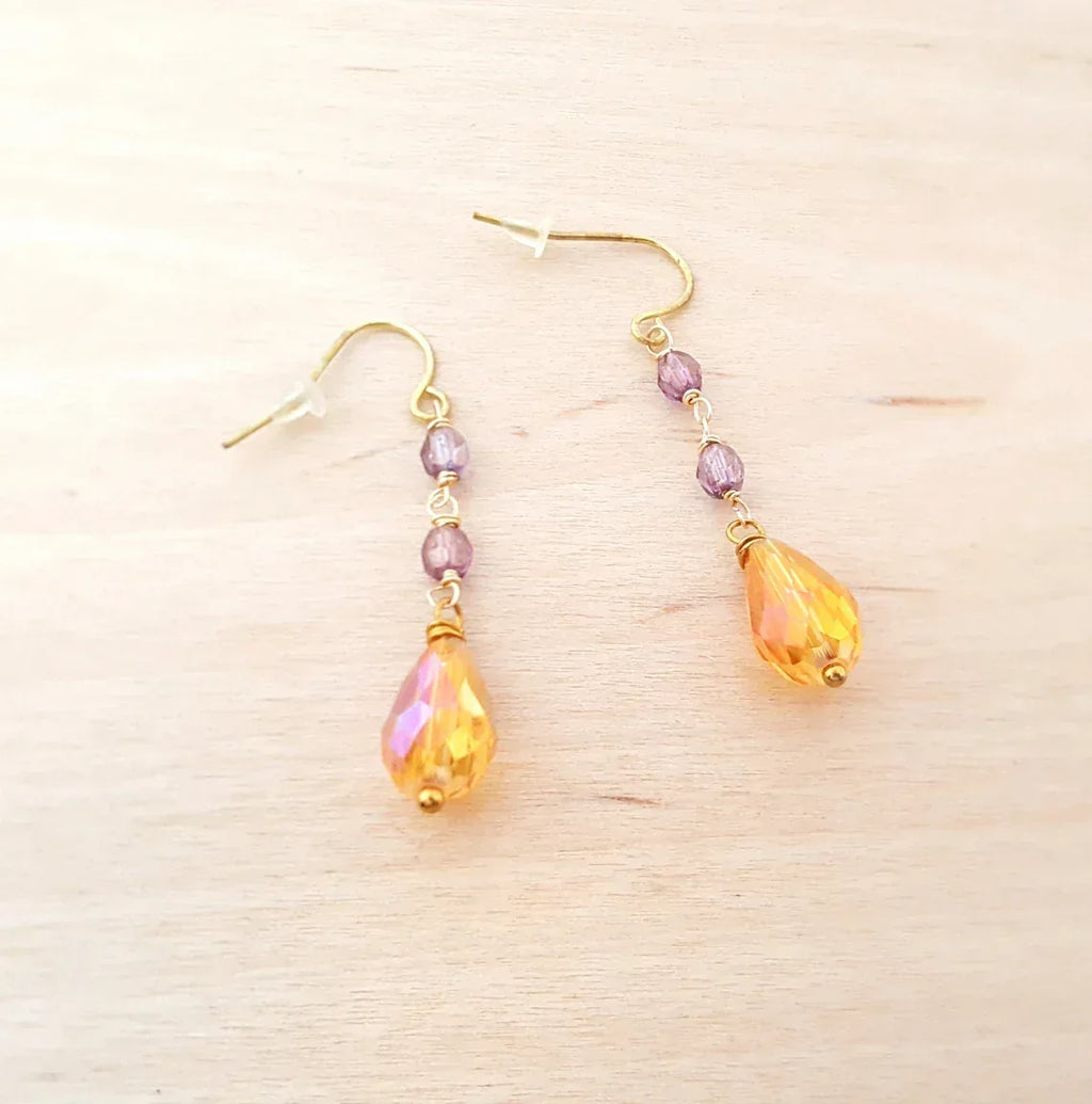 Purple & Orange Czech Glass Beaded Drop Earrings