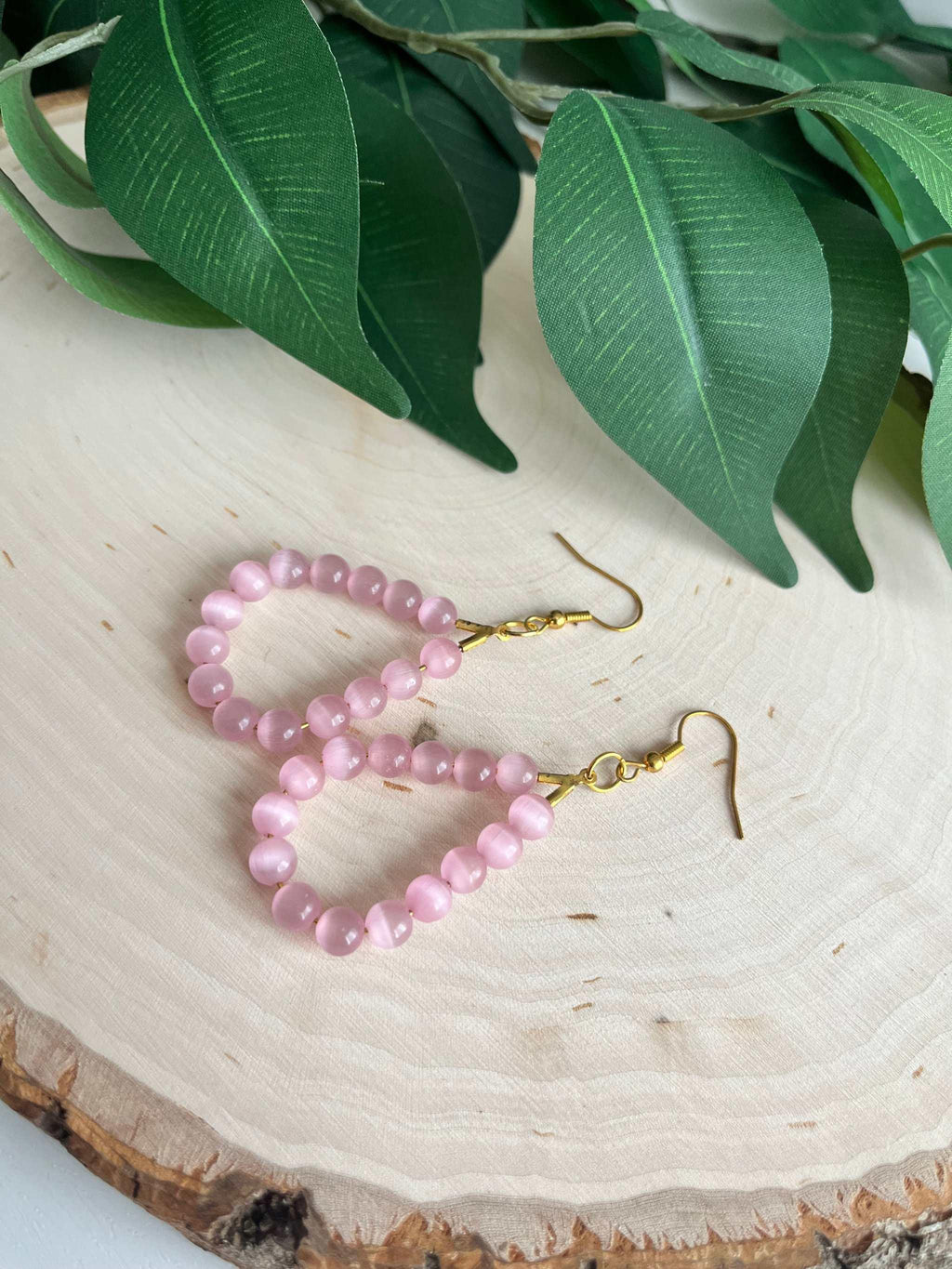 Pink Cat Eye Gold Drop Earrings – Elegant Opal Shimmer