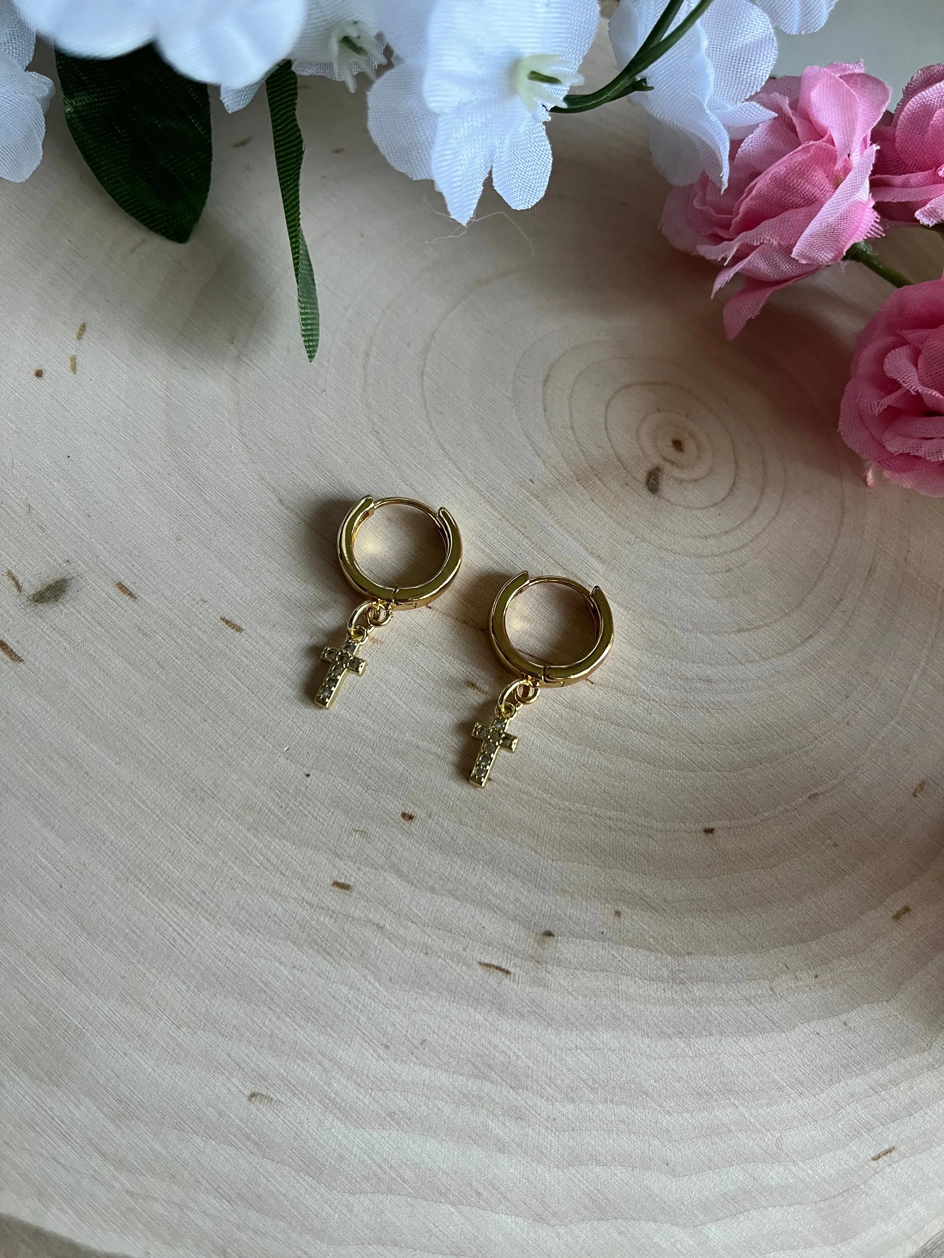 Gold Earrings 18K Cross Christian Jewelry