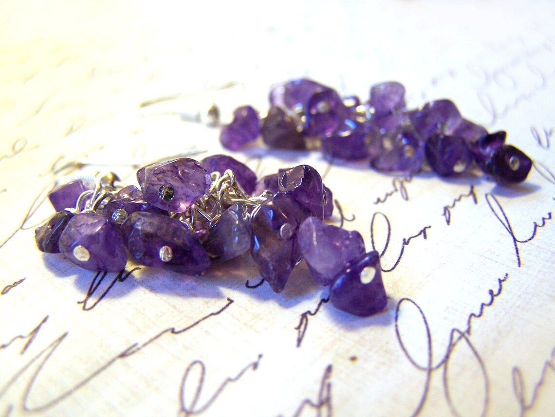 Amethyst Gemstone Wire Wrapped Cluster Sterling Silver Earrings