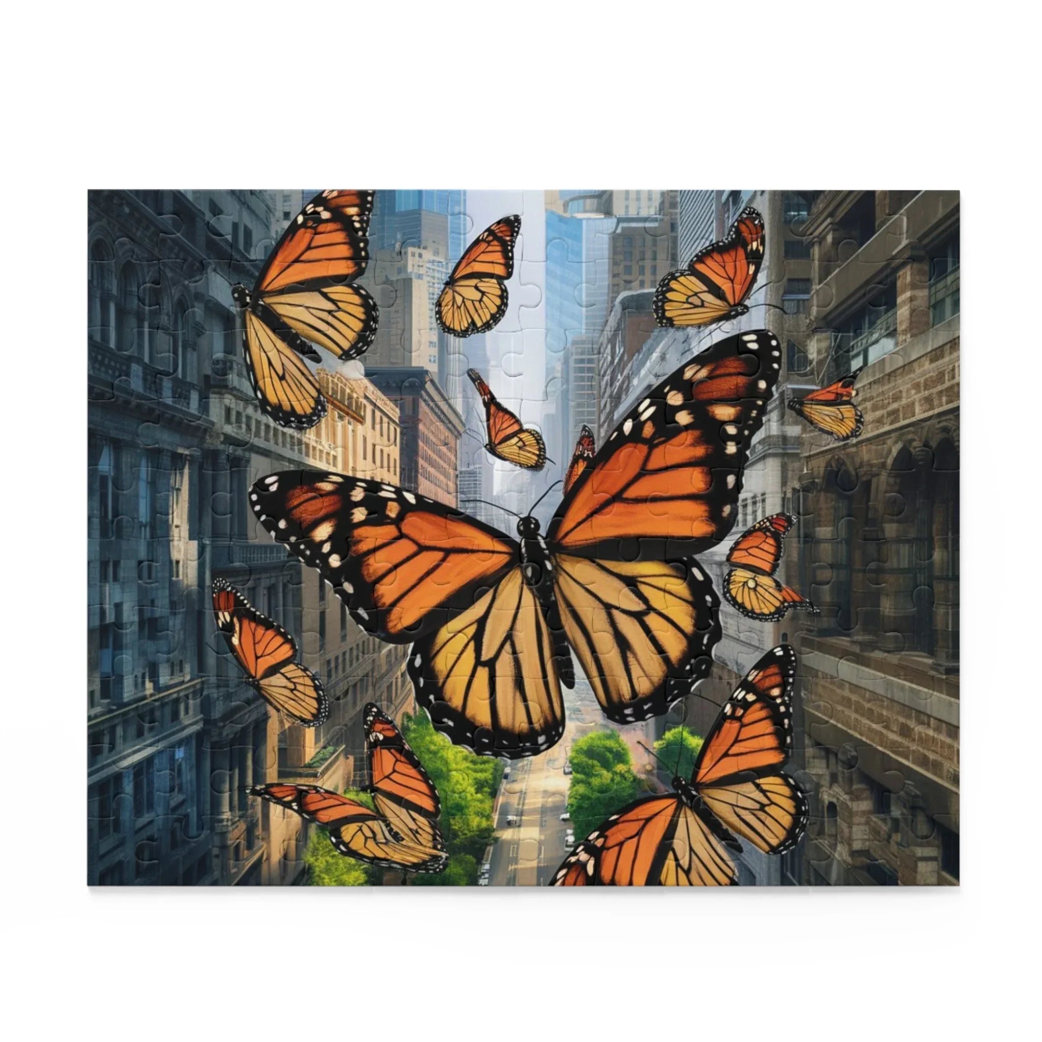 Urban Monarchs Puzzle – Monarch Butterflies Soaring Over City Landscape 10" × 8" (120 pcs)