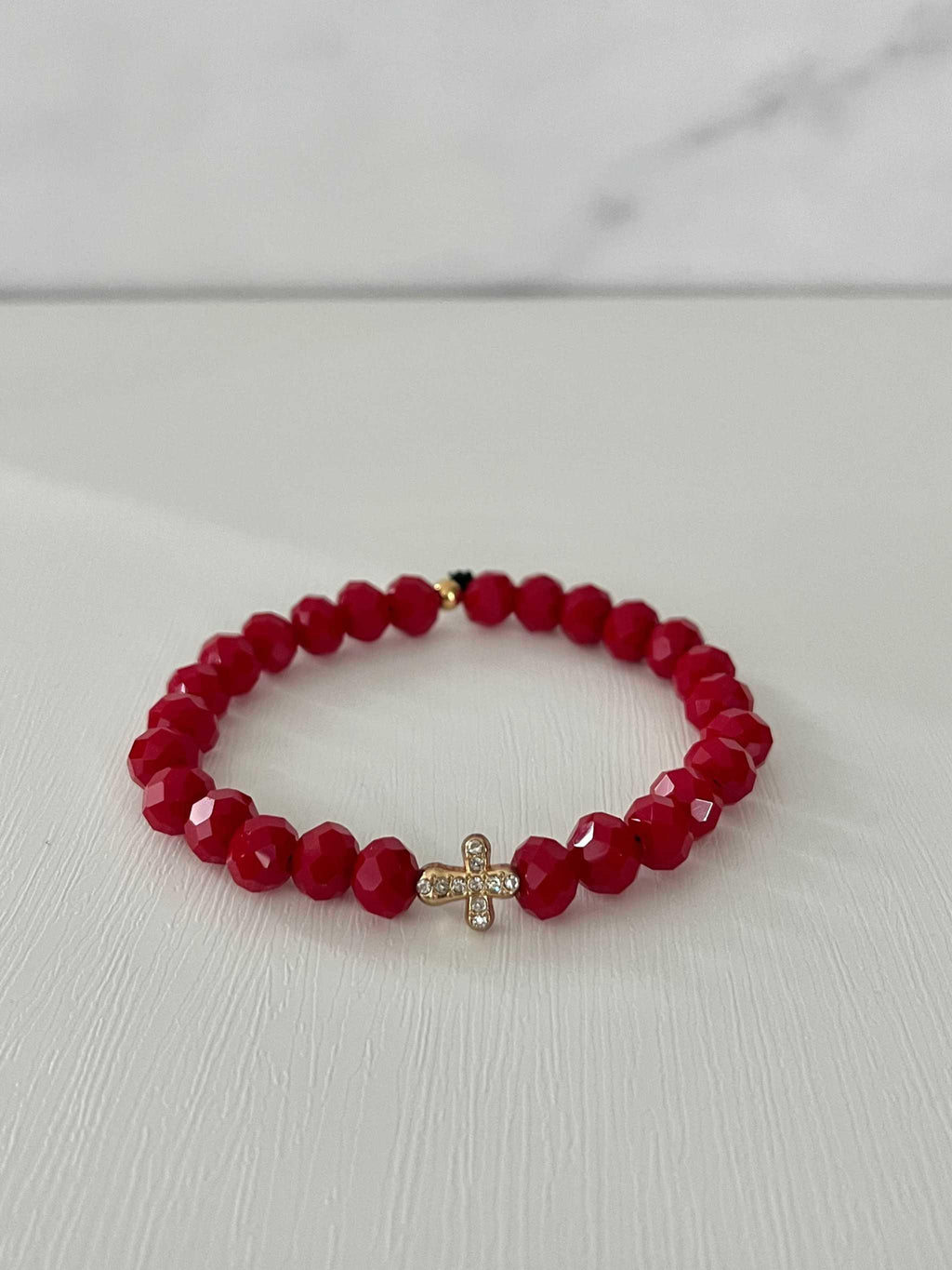 Cross Bead Bracelet Collection - Faith-Inspired Jewelry Red faceted glass