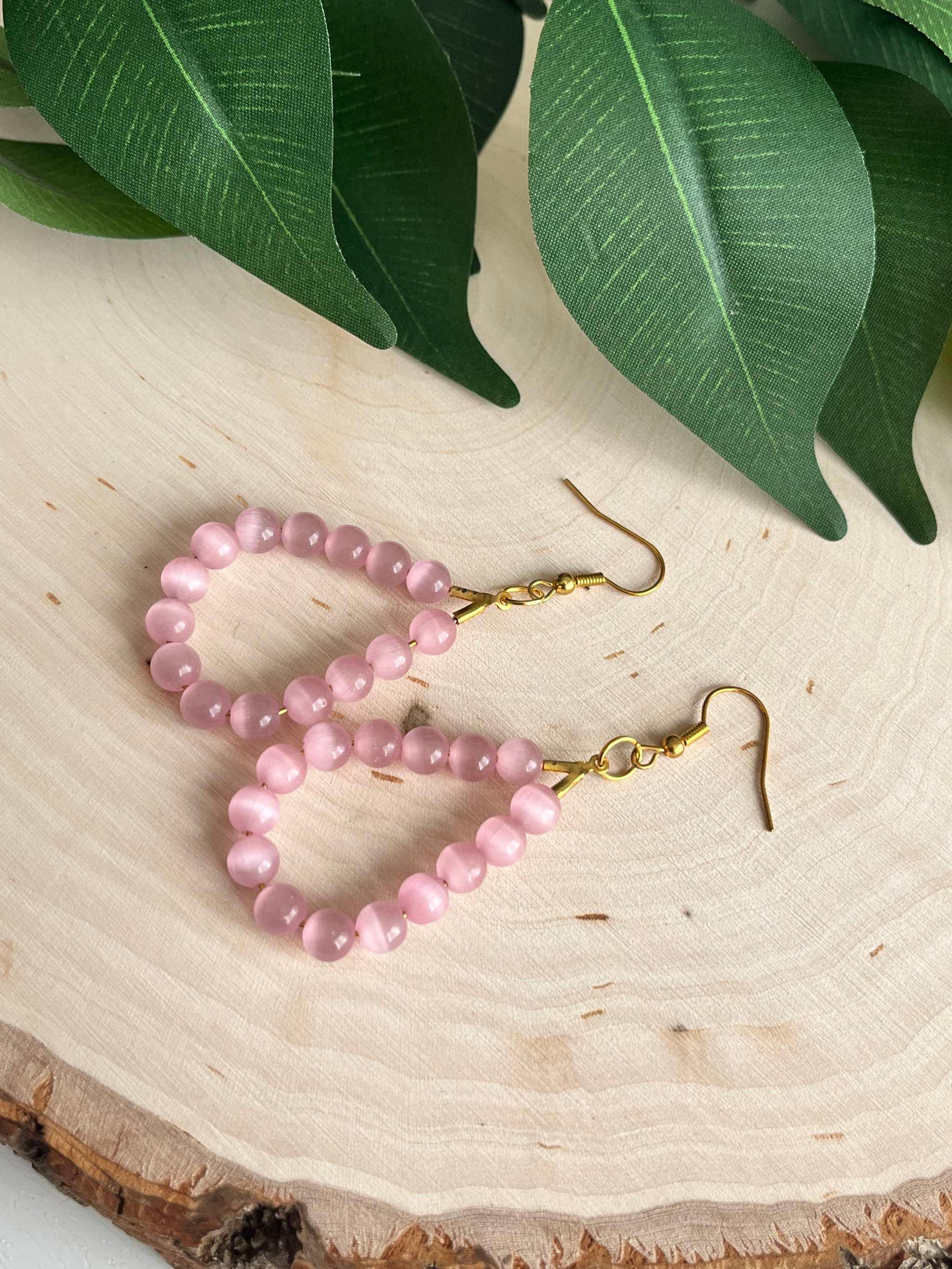 Pink Cat Eye Gold Drop Earrings – Elegant Opal Shimmer