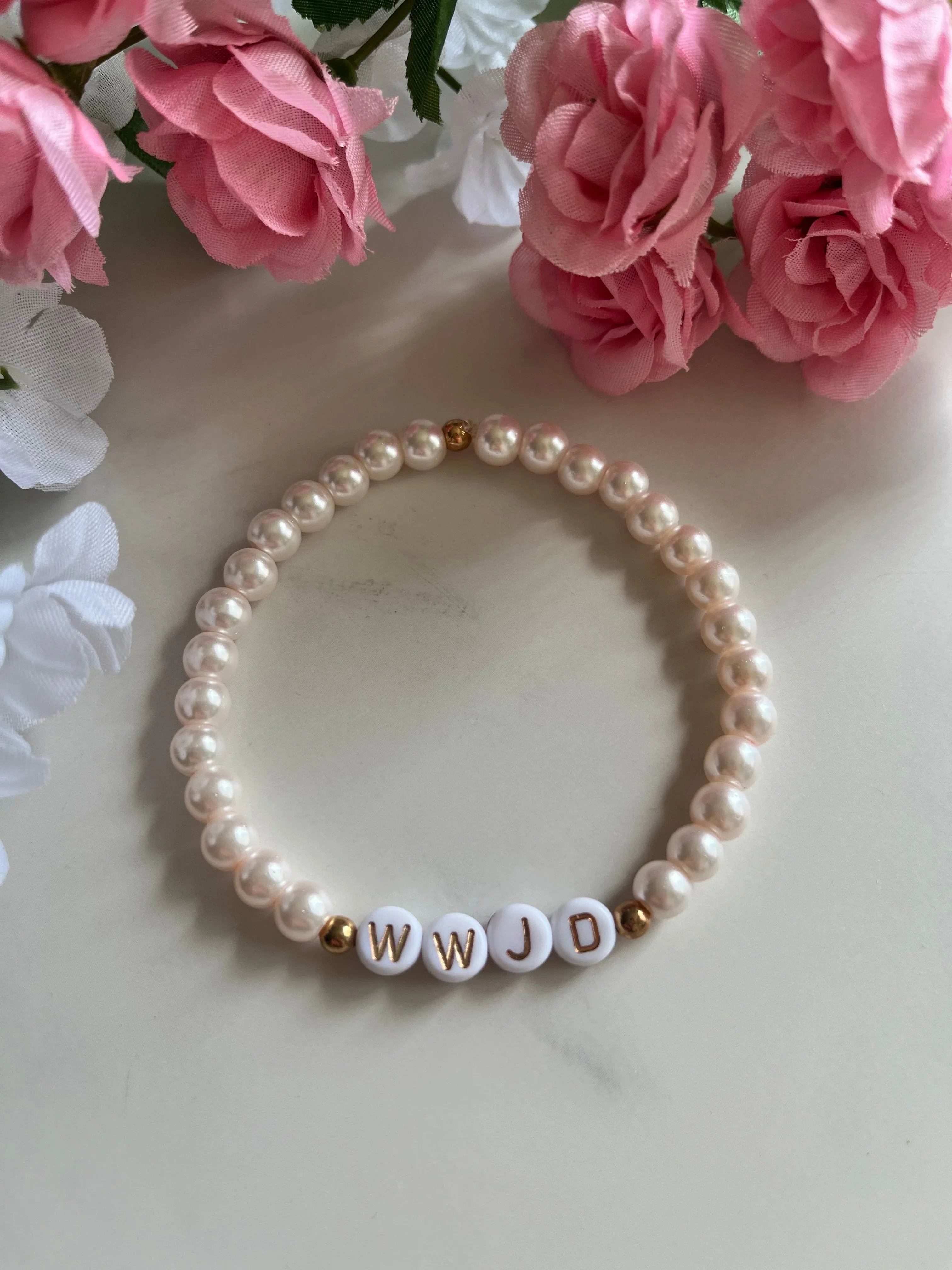 WWJD Bead Bracelet - Multi-Color Natural Stone Faith Jewelry Pearl pink