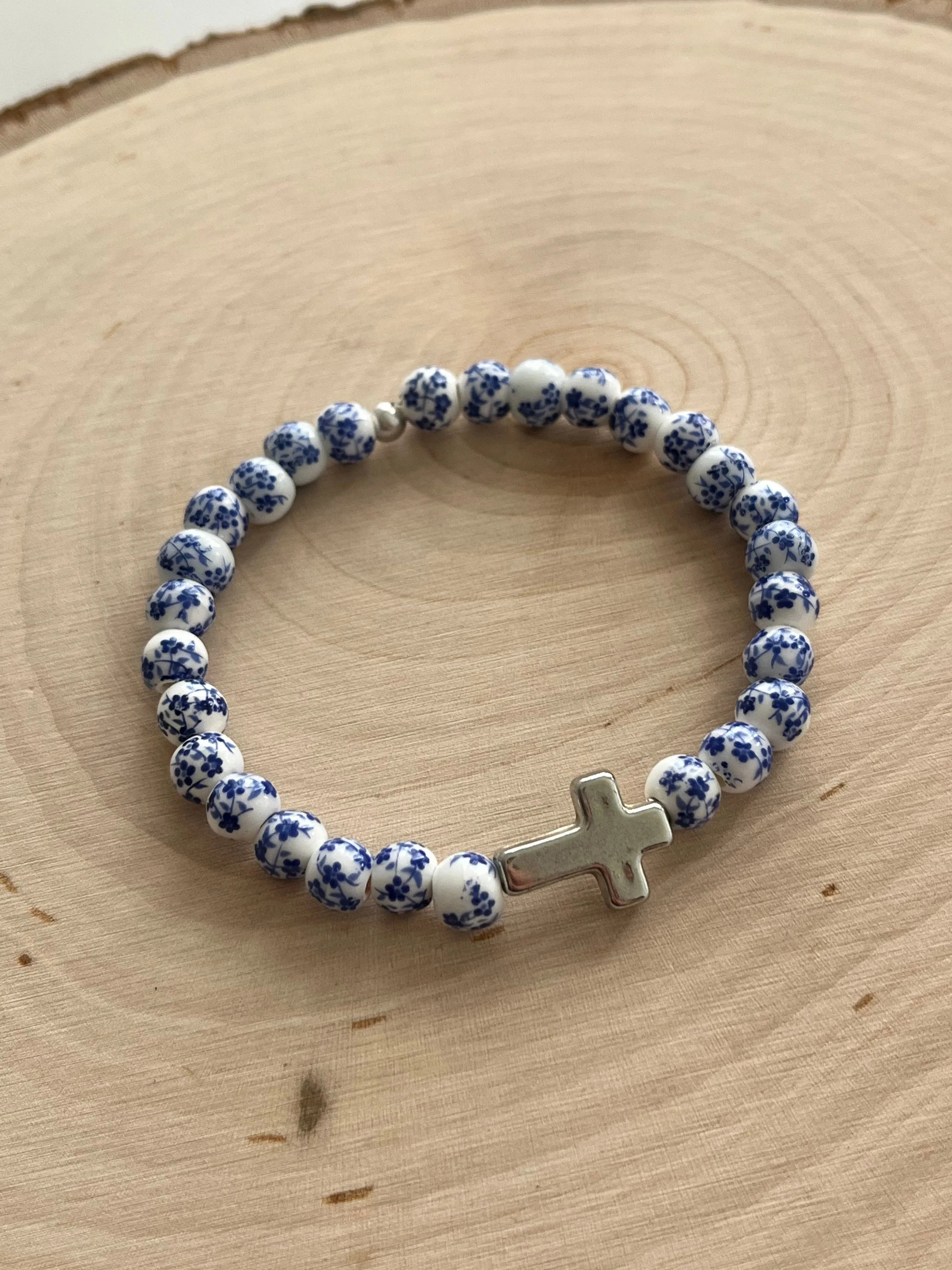 Cross Bead Bracelet Collection - Faith-Inspired Jewelry Blue floral 6mm