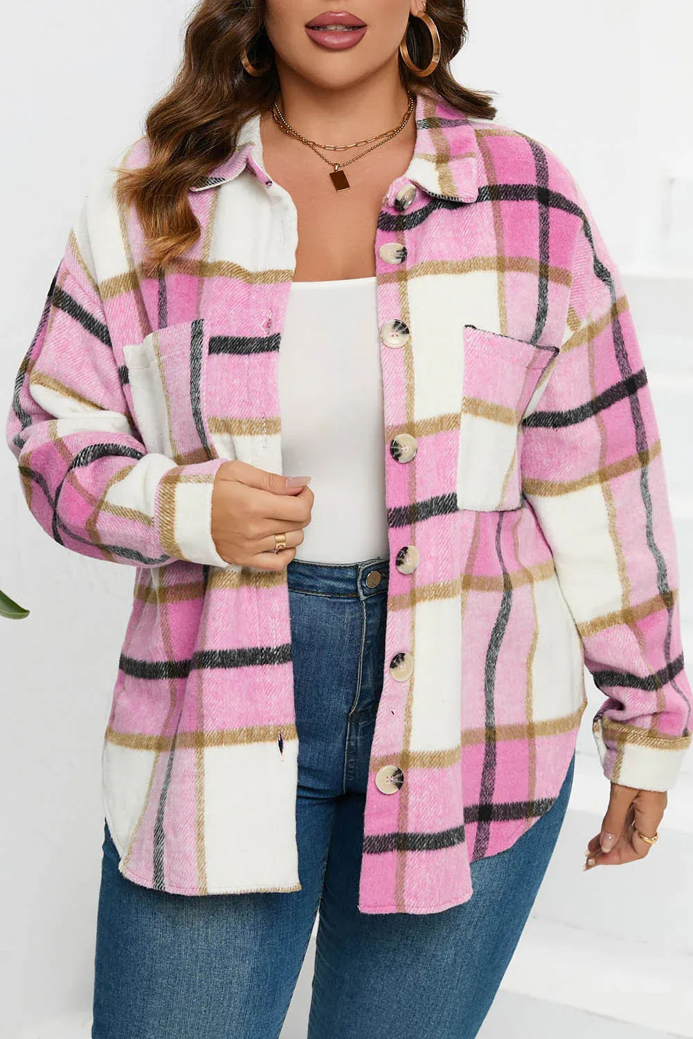 Plaid Button-Up Long Sleeve Pocketed Shacket Pink-2
