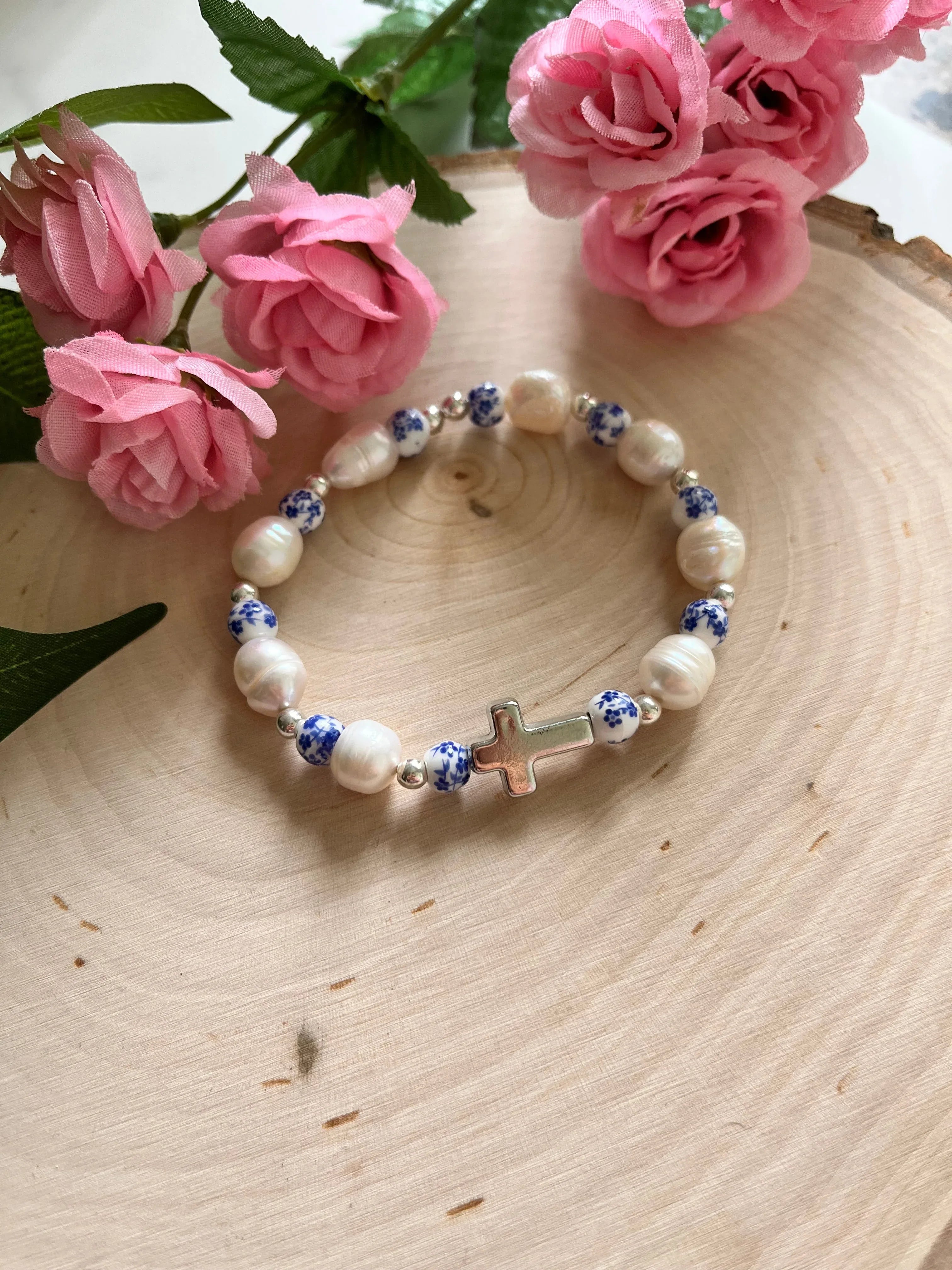 Floral Pearl Cross Bracelet – Christian Jewelry for Women