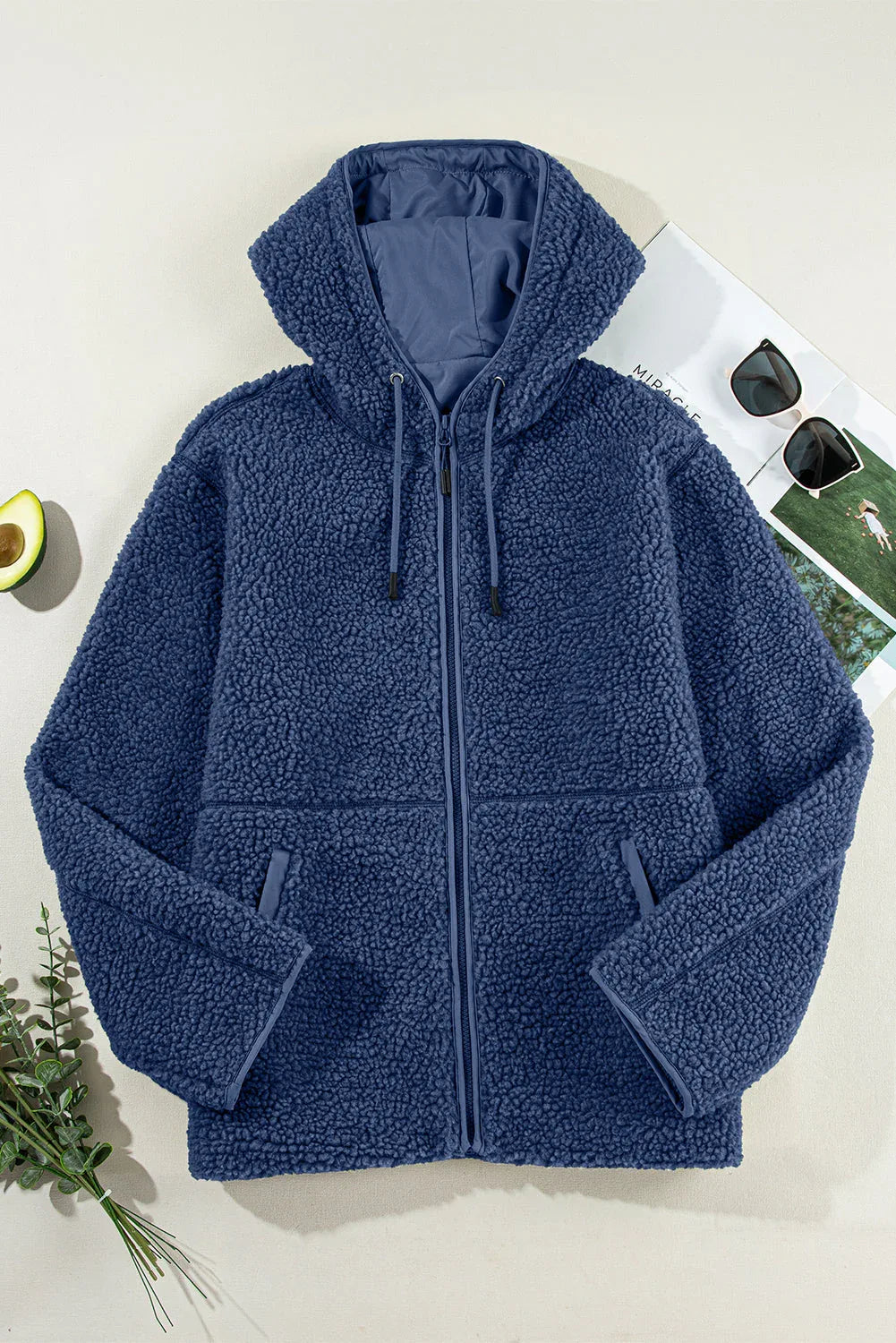 Solid Fleece Zip-Up Drawstring Pocketed Hooded Jacket
