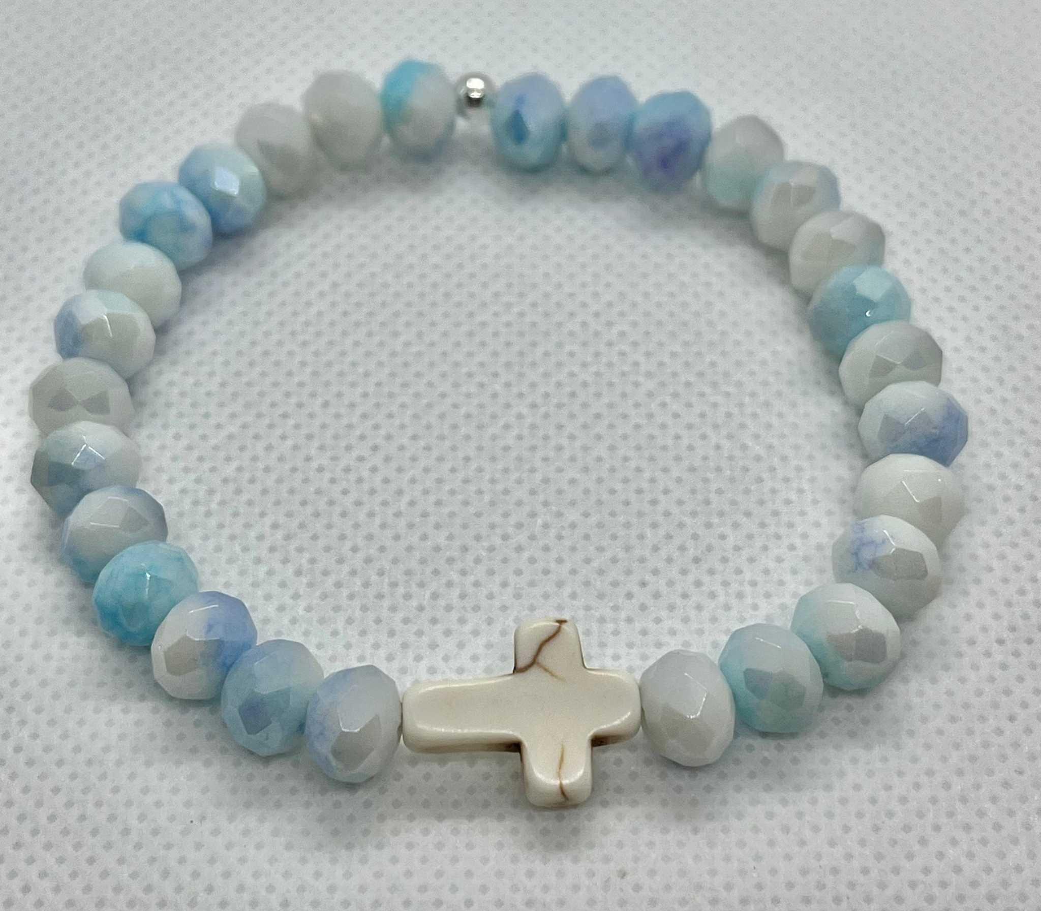 Cross Bead Bracelet Collection - Faith-Inspired Jewelry Blue white marble