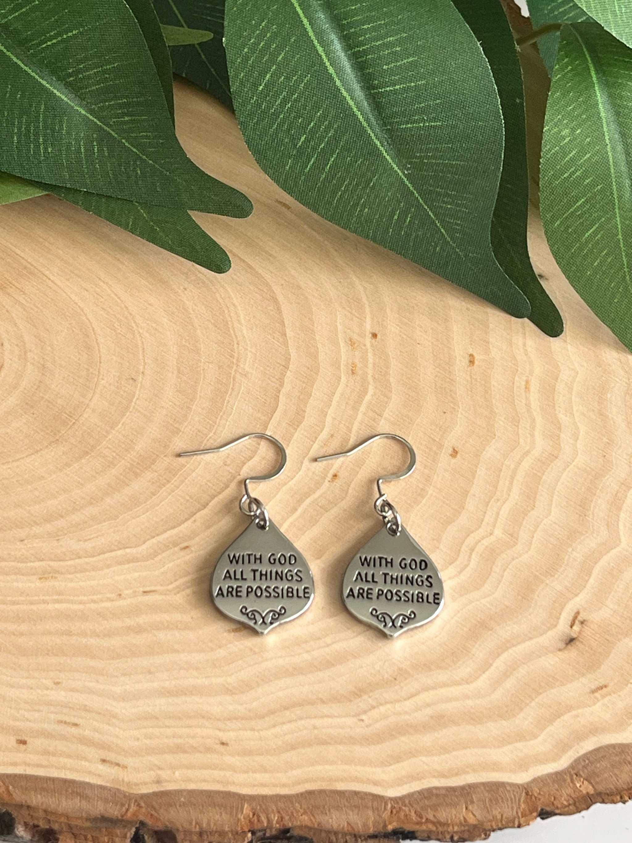 With God All Things Are Possible Silver Earrings - Christian Jewelry