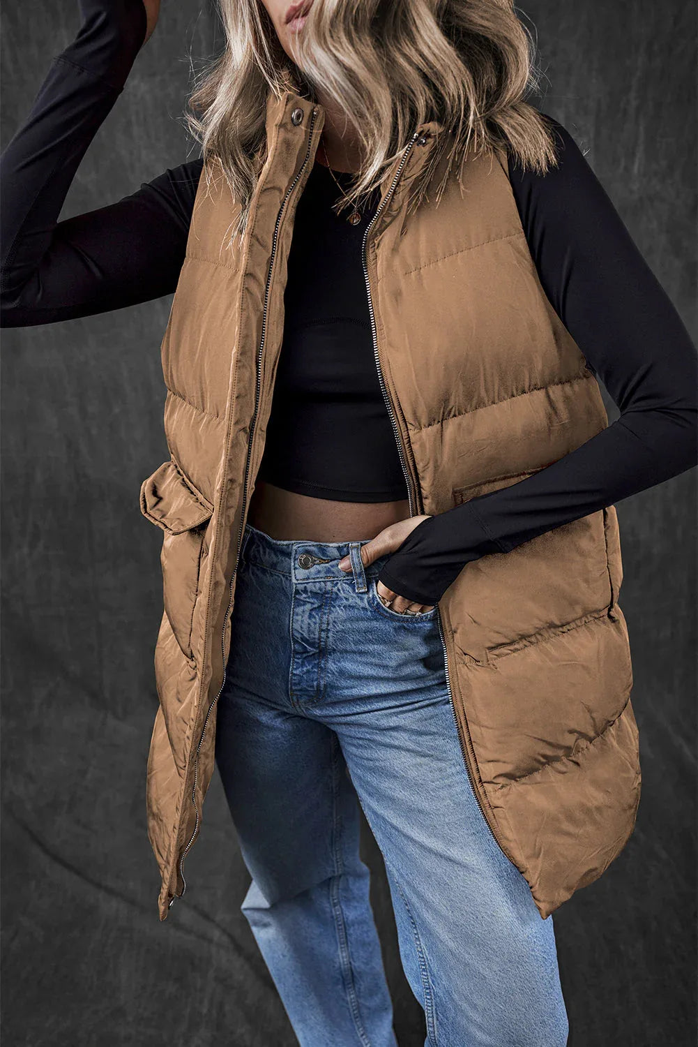 Solid Zip-Up Pocketed Puffer Vest
