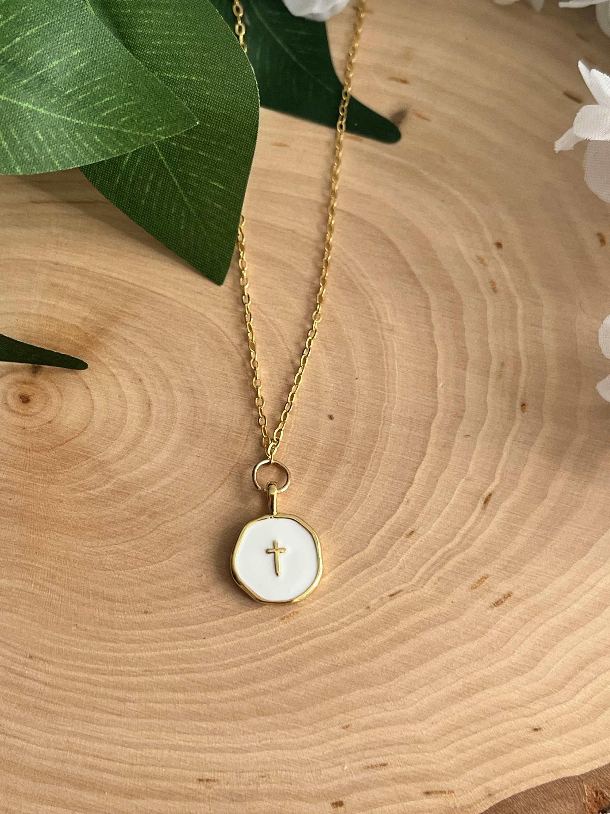 Gold Necklace 18K White Cross Pendant