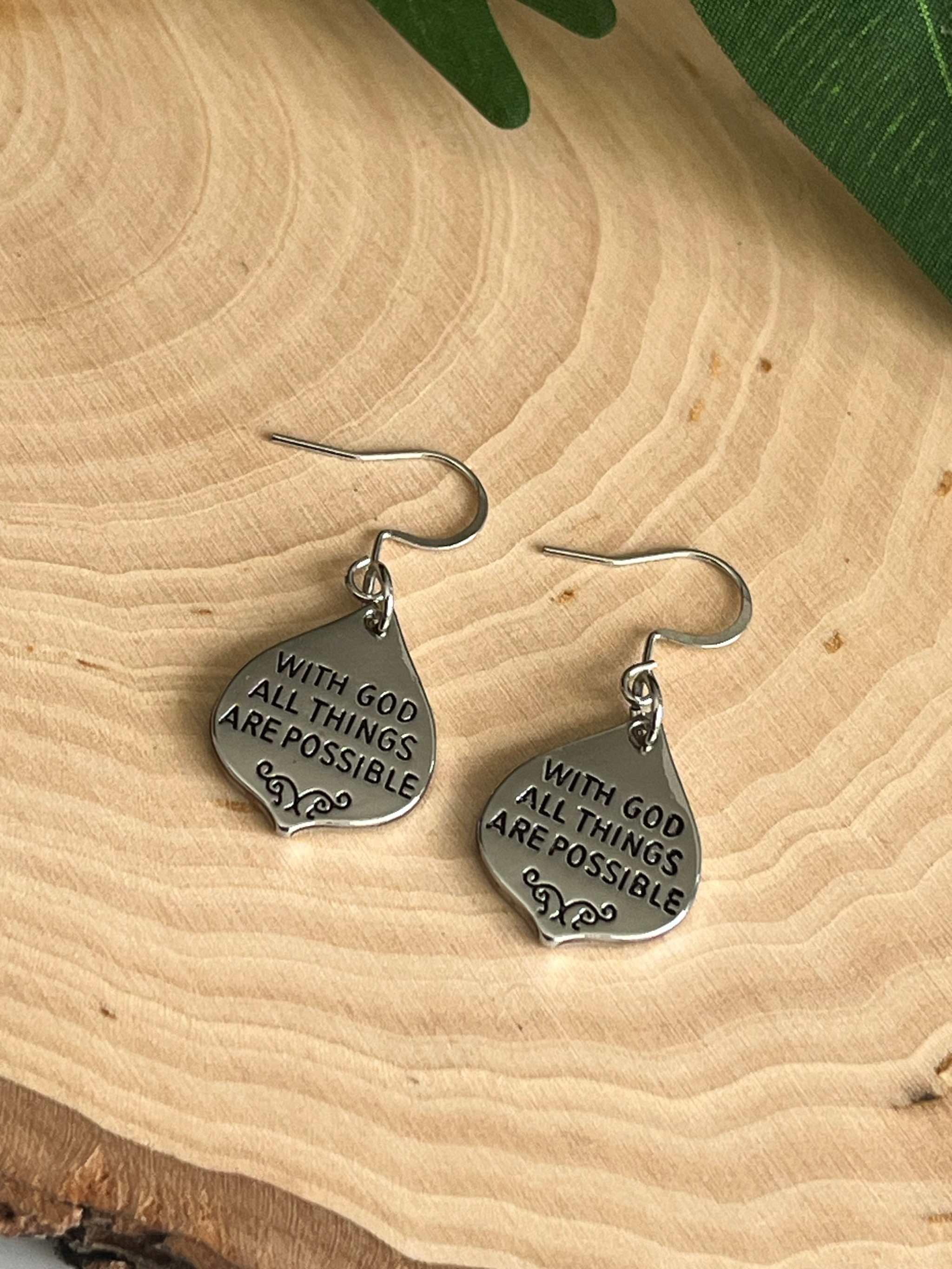 With God All Things Are Possible Silver Earrings - Christian Jewelry