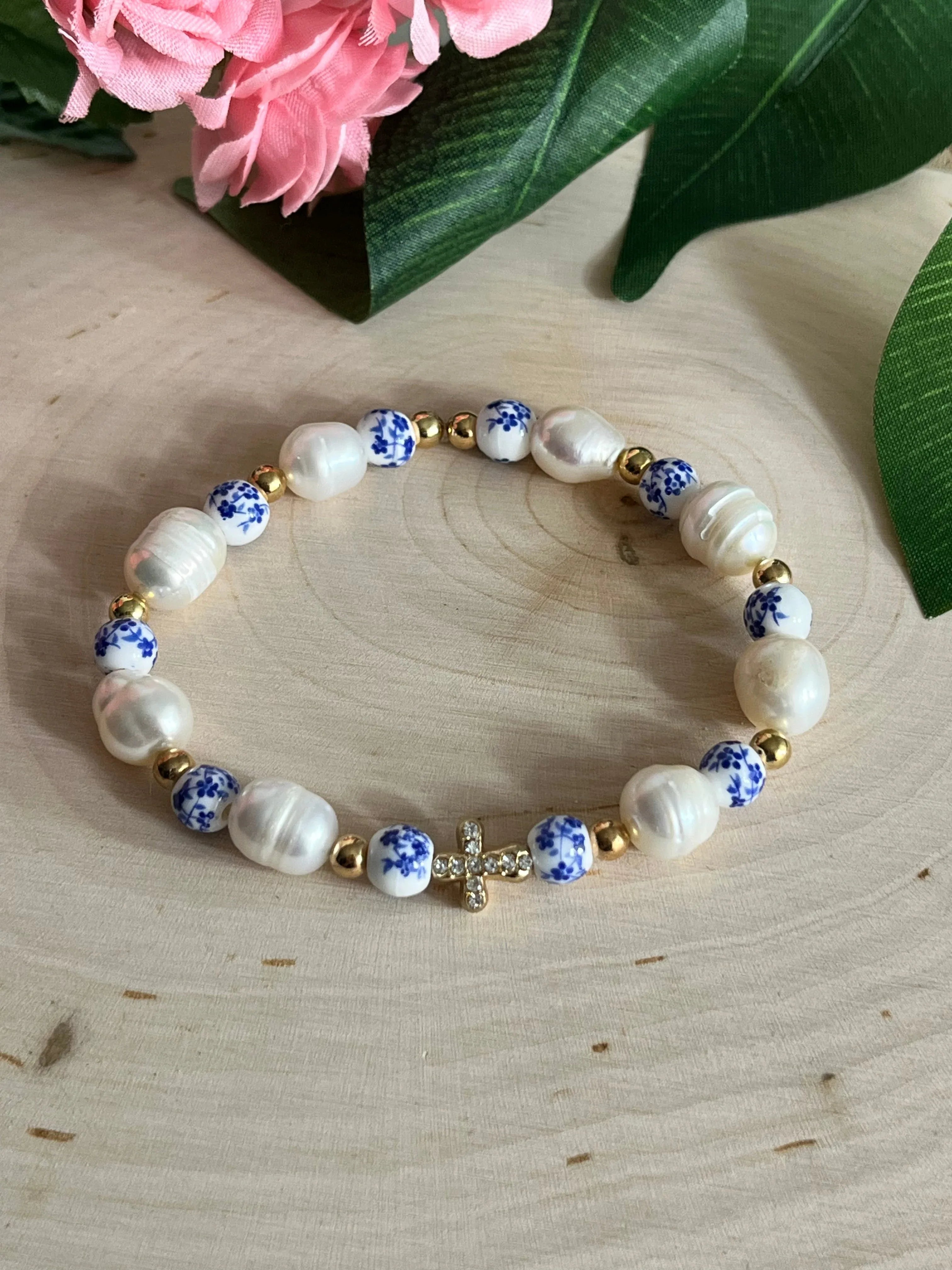 Floral Pearl Cross Bracelet – Christian Jewelry for Women