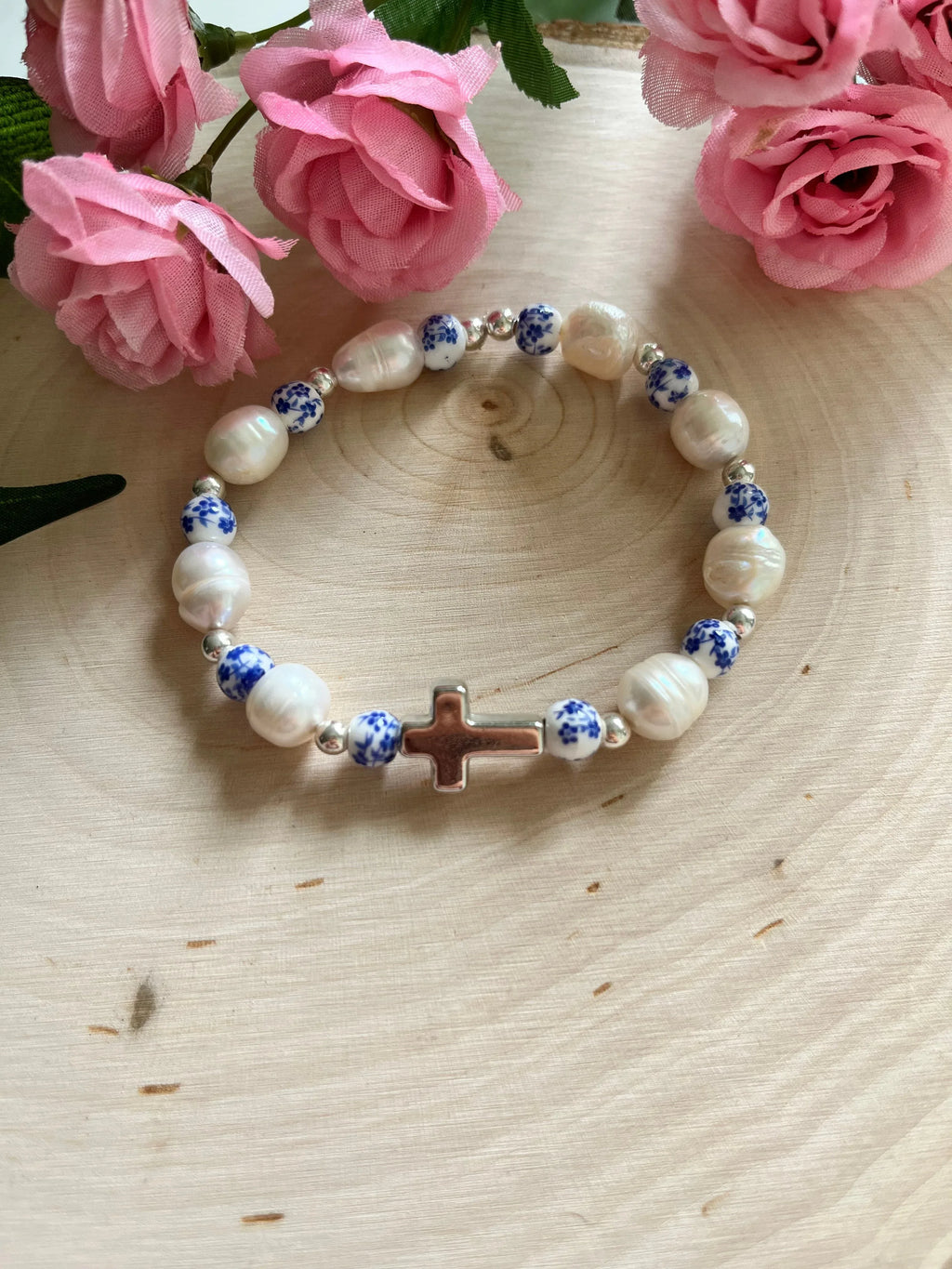Floral Pearl Cross Bracelet – Christian Jewelry for Women Silver