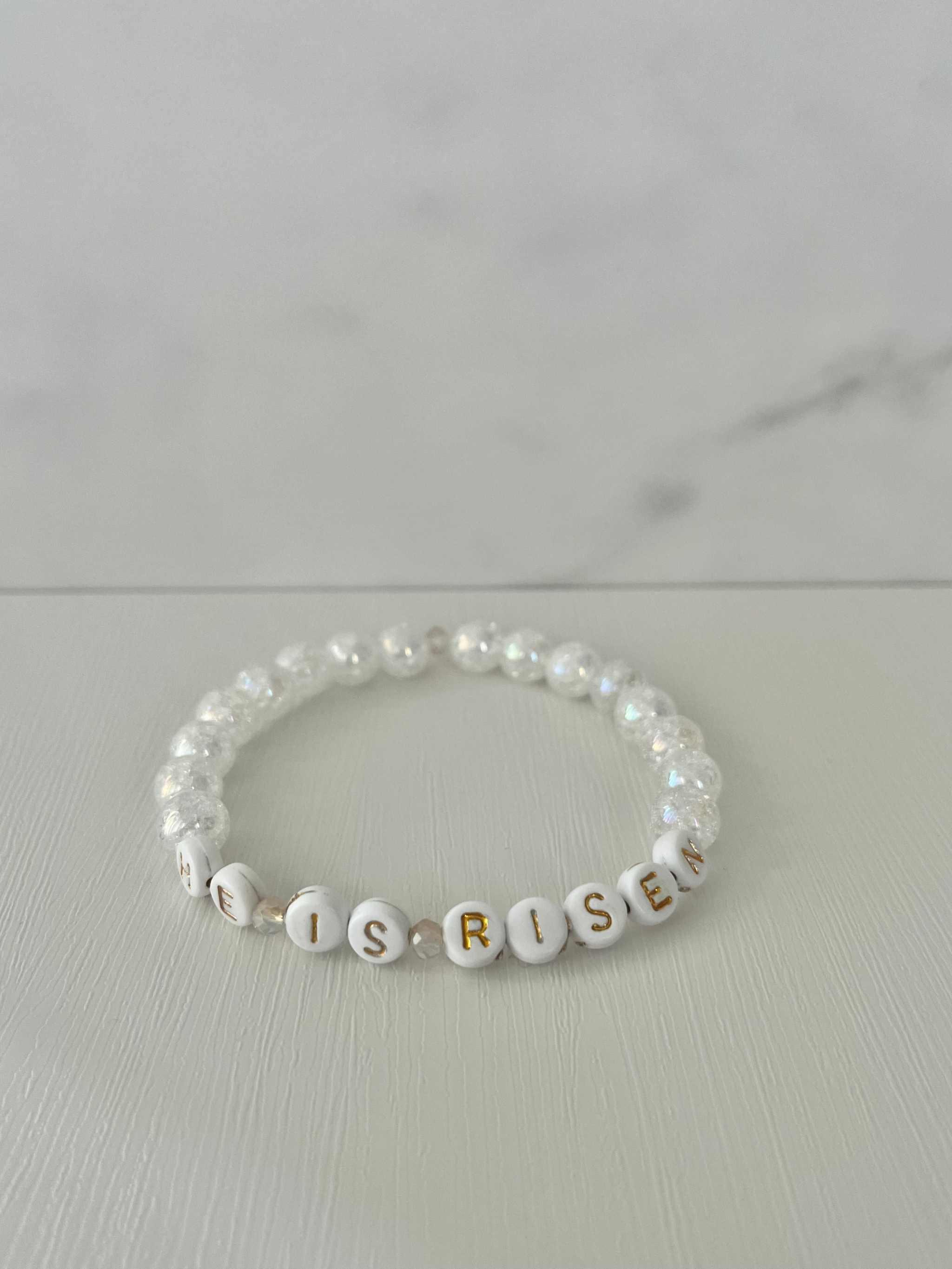 He Is Risen Bead Bracelet – Handmade Christian Jewelry White sparkling opal