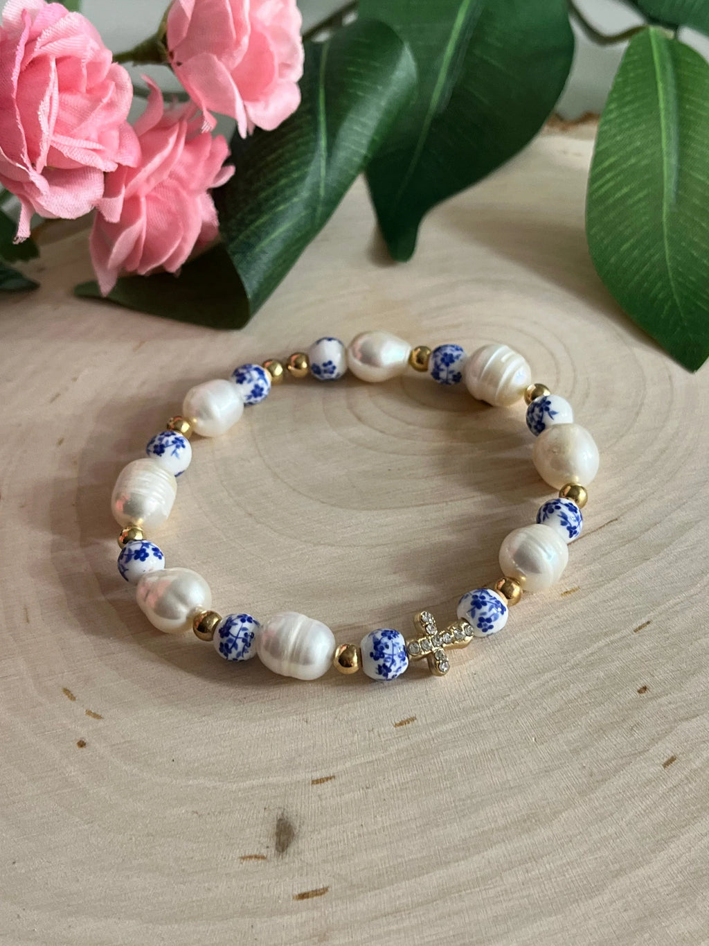 Floral Pearl Cross Bracelet – Christian Jewelry for Women