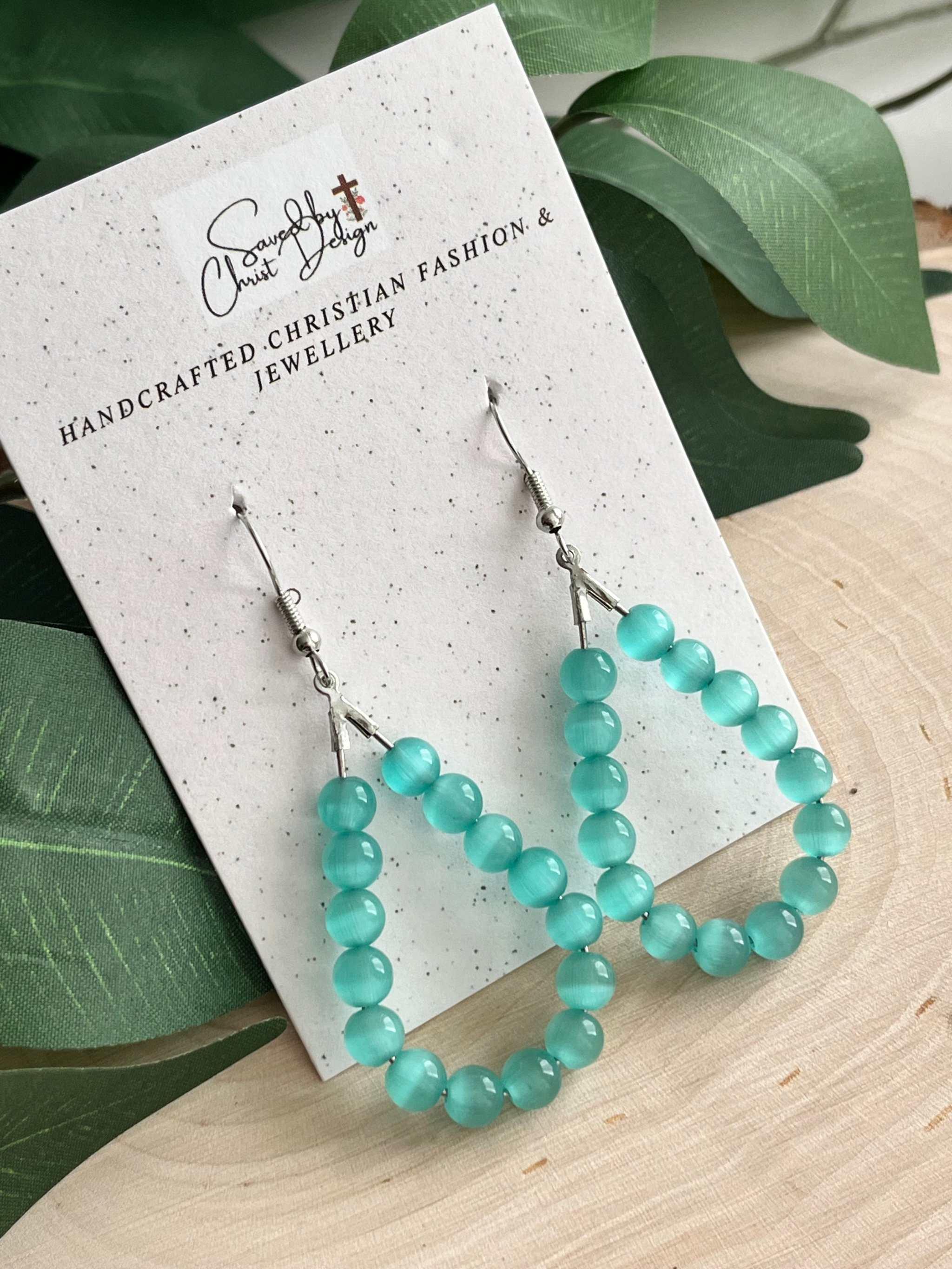 Teal Cat Eye Silver Earrings Light Blue Opal Drop