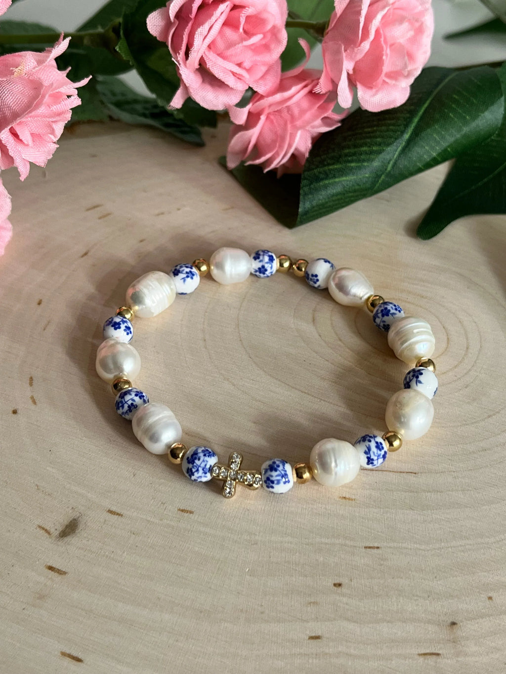 Floral Pearl Cross Bracelet – Christian Jewelry for Women