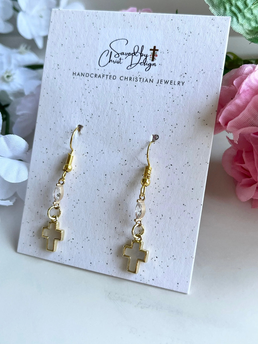Mother of Pearl Gold Cross Earrings – Christian Faith Jewelry for Women