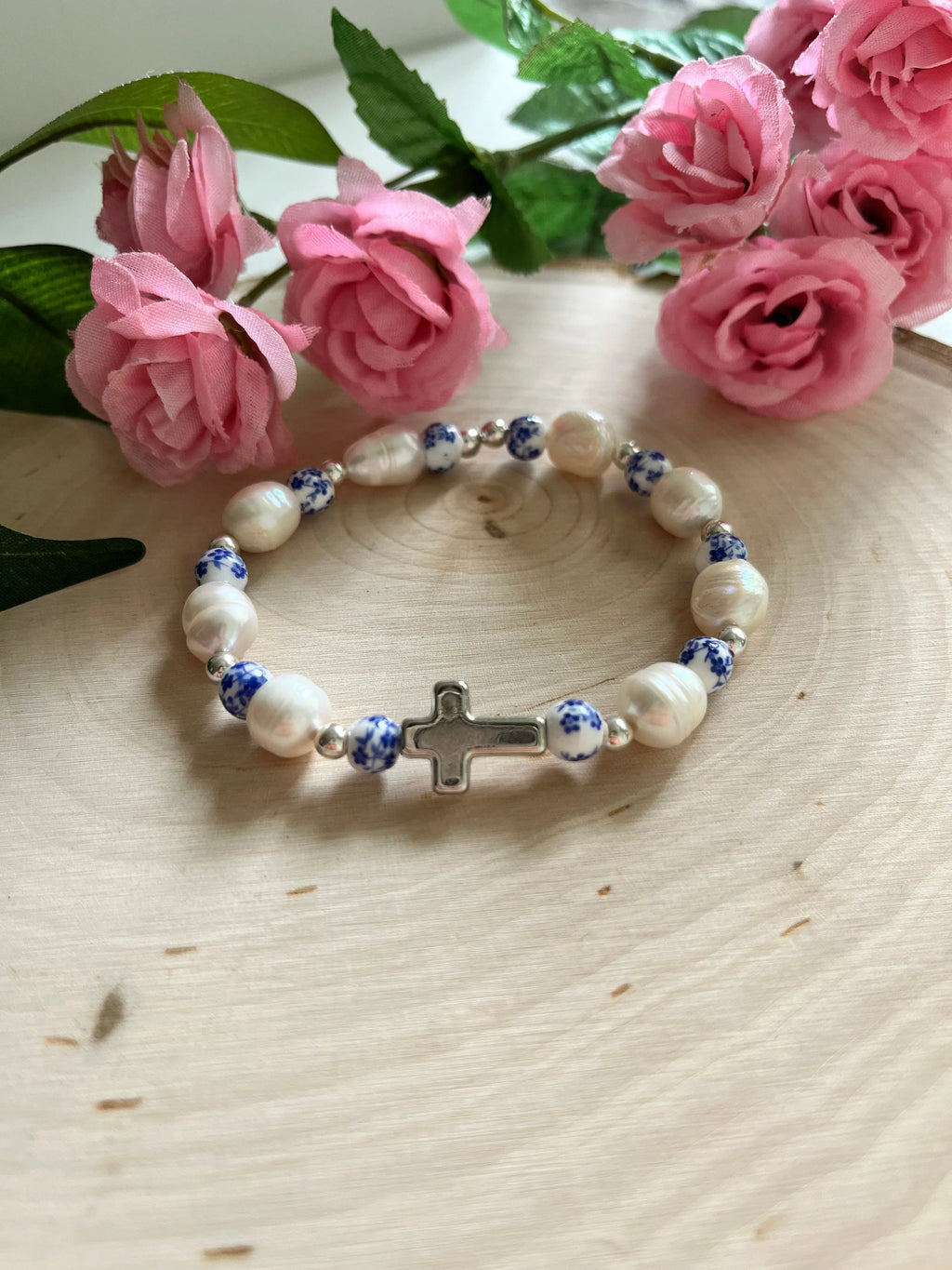 Floral Pearl Cross Bracelet – Christian Jewelry for Women