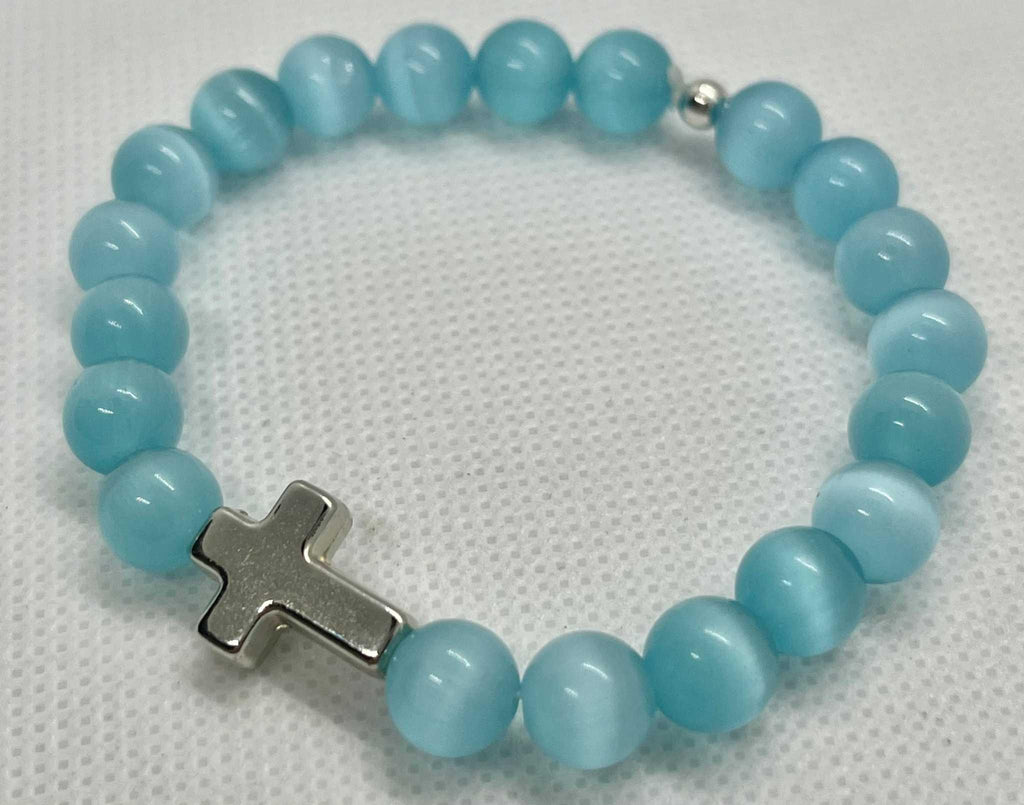 Cross Bead Bracelet Collection - Faith-Inspired Jewelry Blue teal glass beads