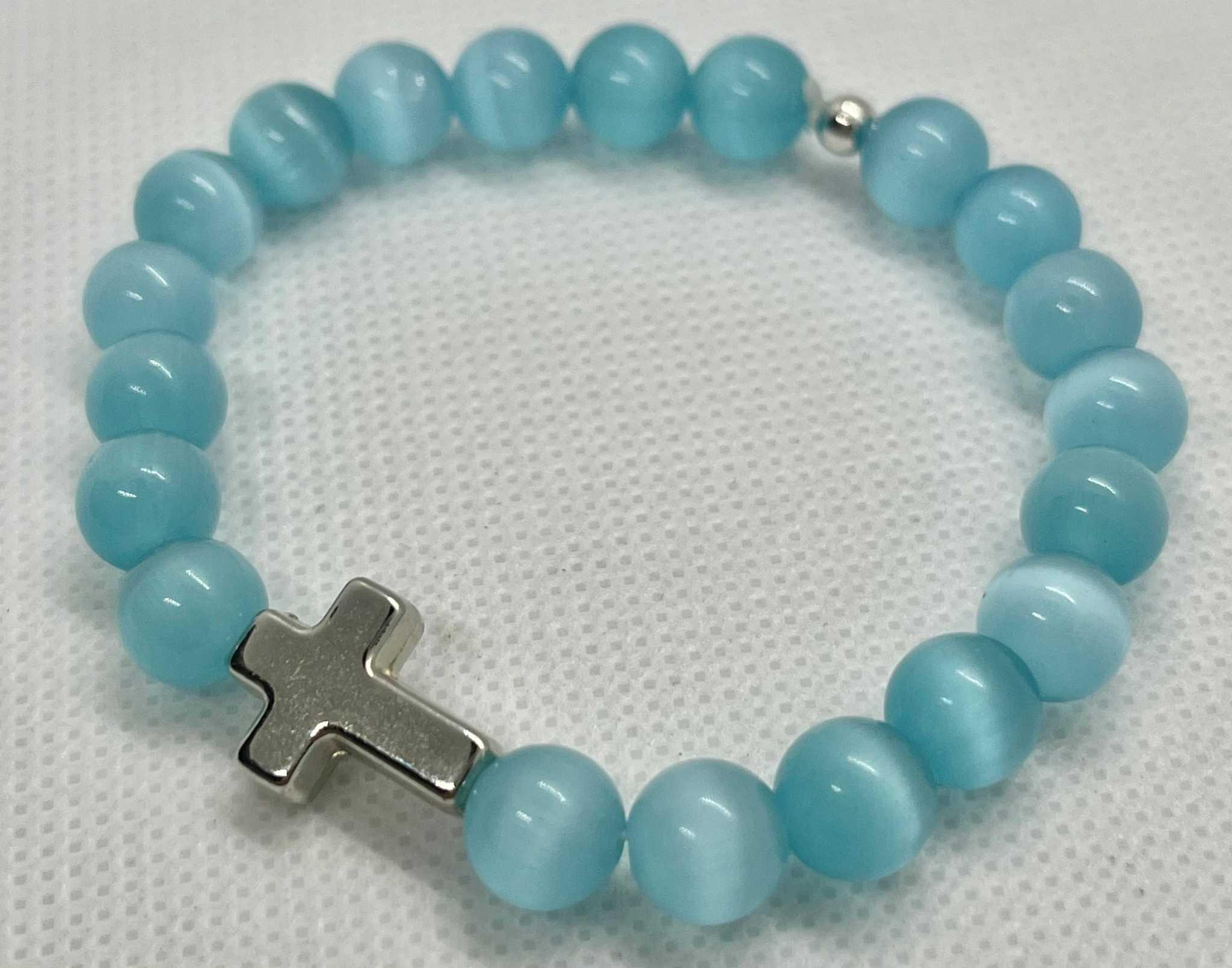 Cross Bead Bracelet Collection - Faith-Inspired Jewelry Blue teal glass beads