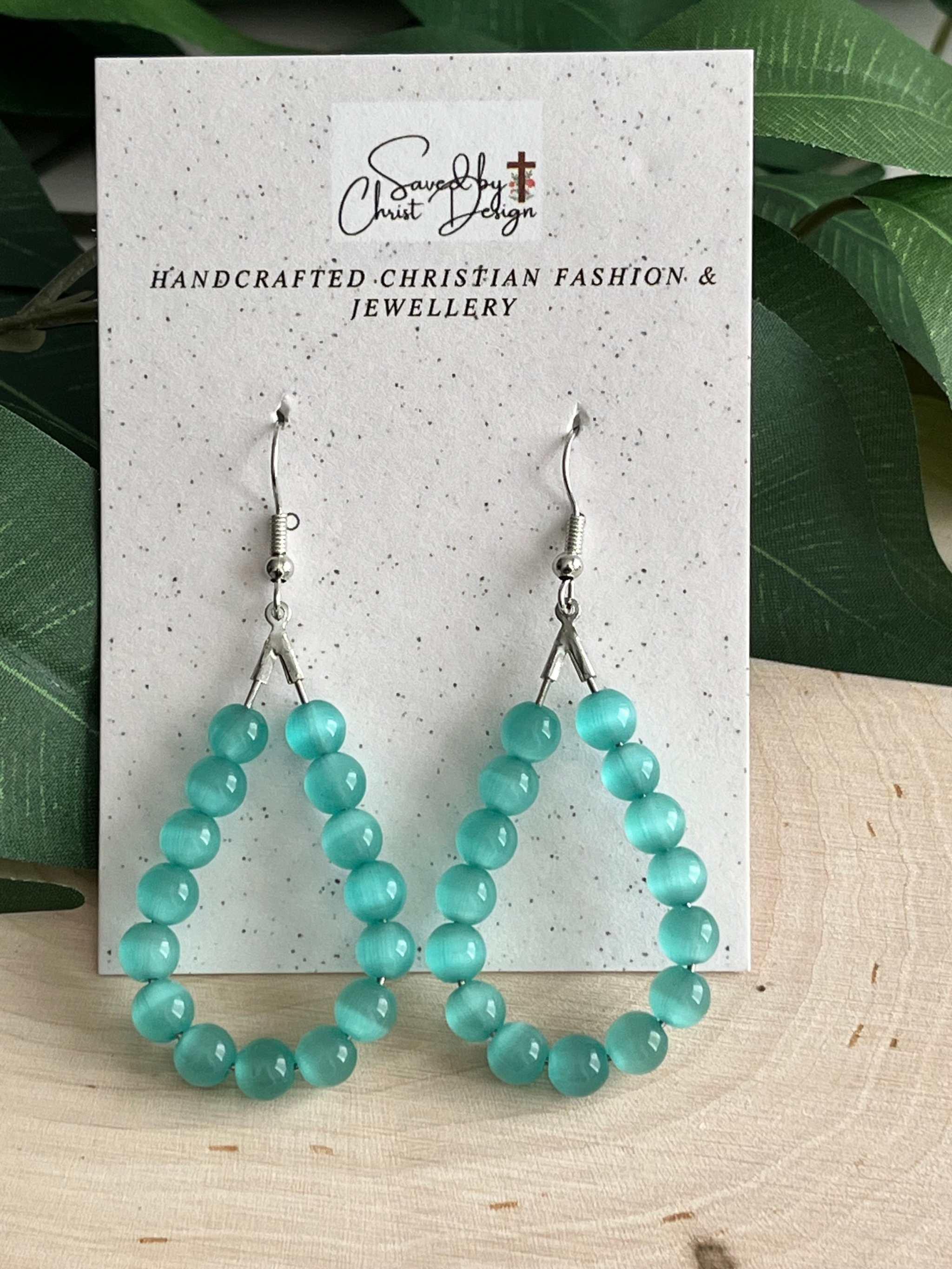 Teal Cat Eye Silver Earrings Light Blue Opal Drop