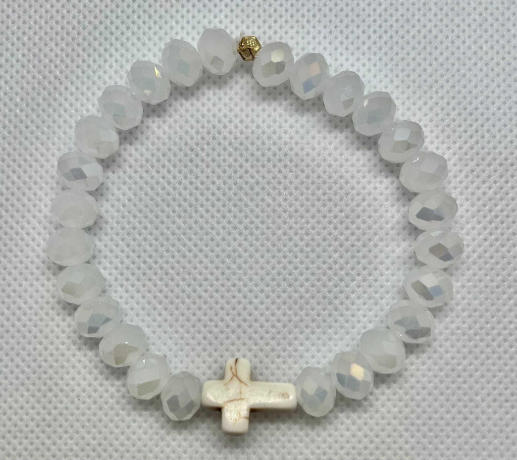 Cross Bead Bracelet Collection - Faith-Inspired Jewelry White faceted jade