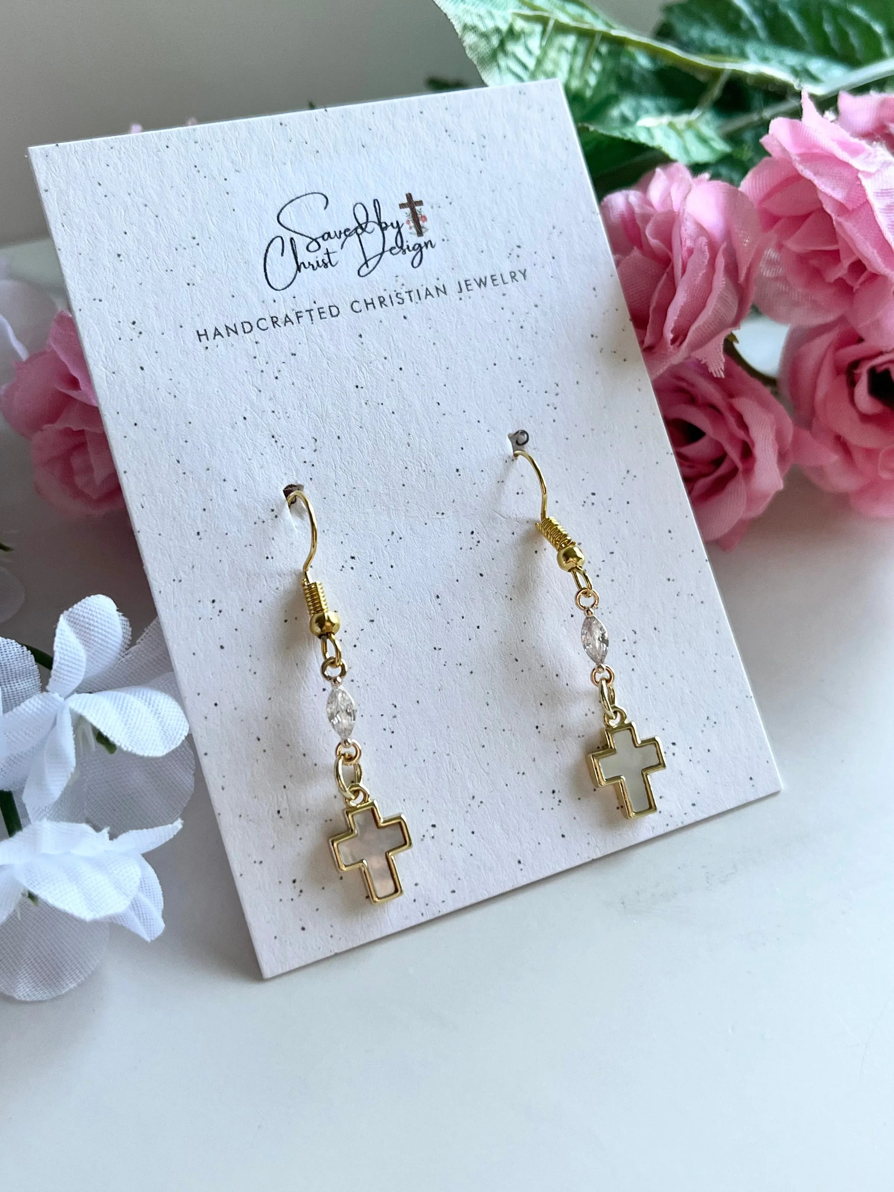 Mother of Pearl Gold Cross Earrings – Christian Faith Jewelry for Women