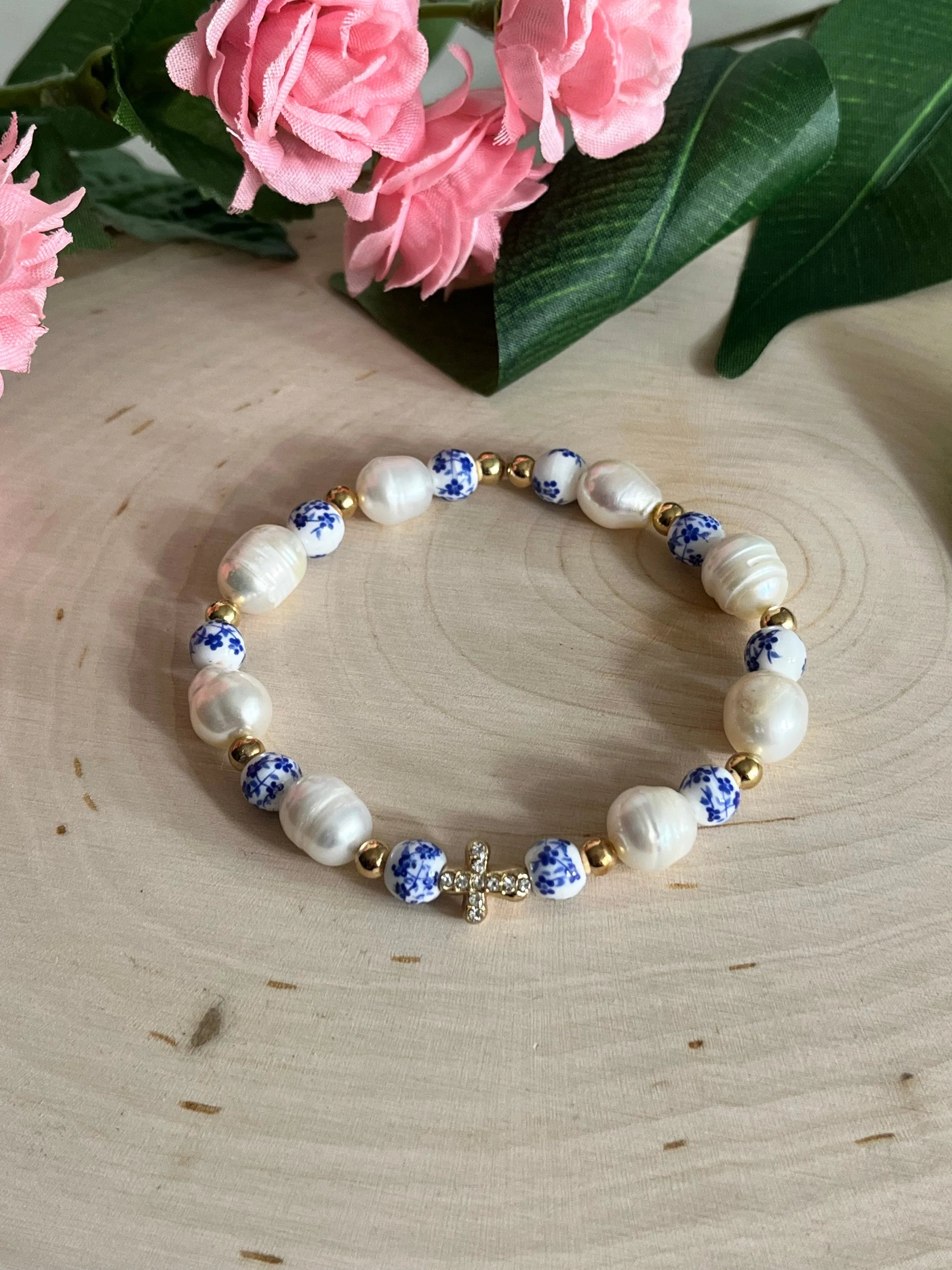 Floral Pearl Cross Bracelet – Christian Jewelry for Women Gold