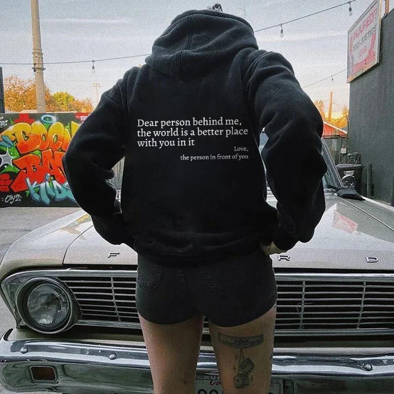 ''Dear Person Behind Me'' Plush Hoodie Black with logo and white text