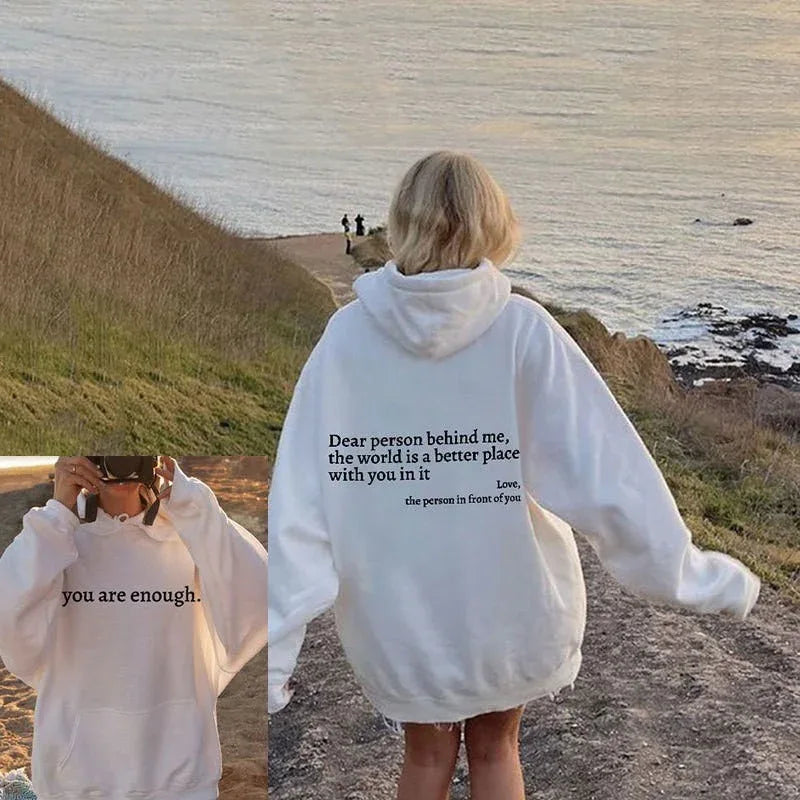 ''Dear Person Behind Me'' Plush Hoodie White with logo and black text