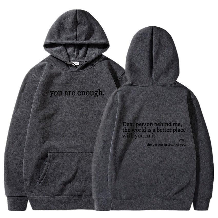 ''Dear Person Behind Me'' Plush Hoodie Dark gray with logo and black text